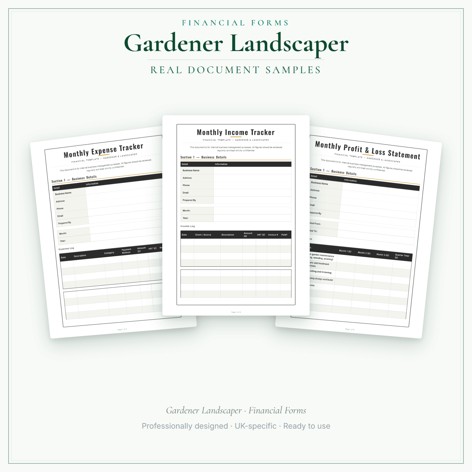 Gardener Landscaper — Financial Forms Bundle — Premium sample pages preview