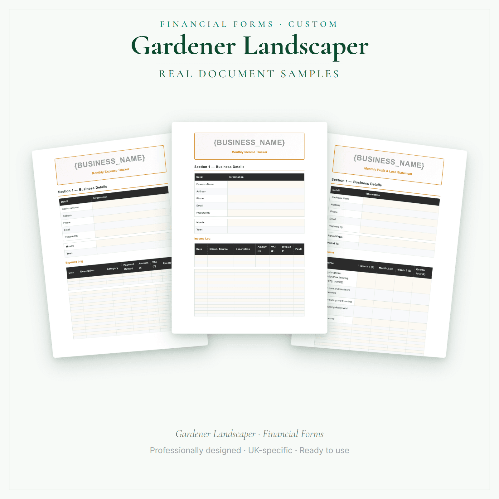 Gardener Landscaper — Financial Forms Bundle — Customisable sample pages preview