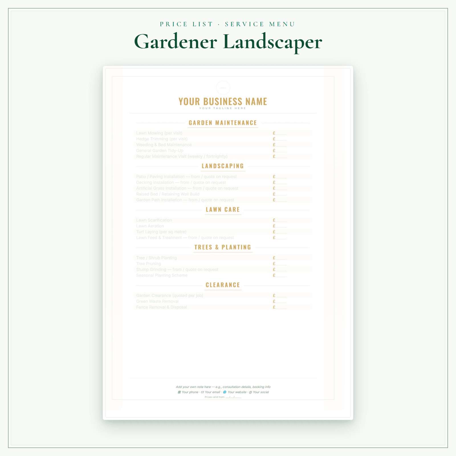 Gardener Landscaper — Price List & Service Menu sample pages preview