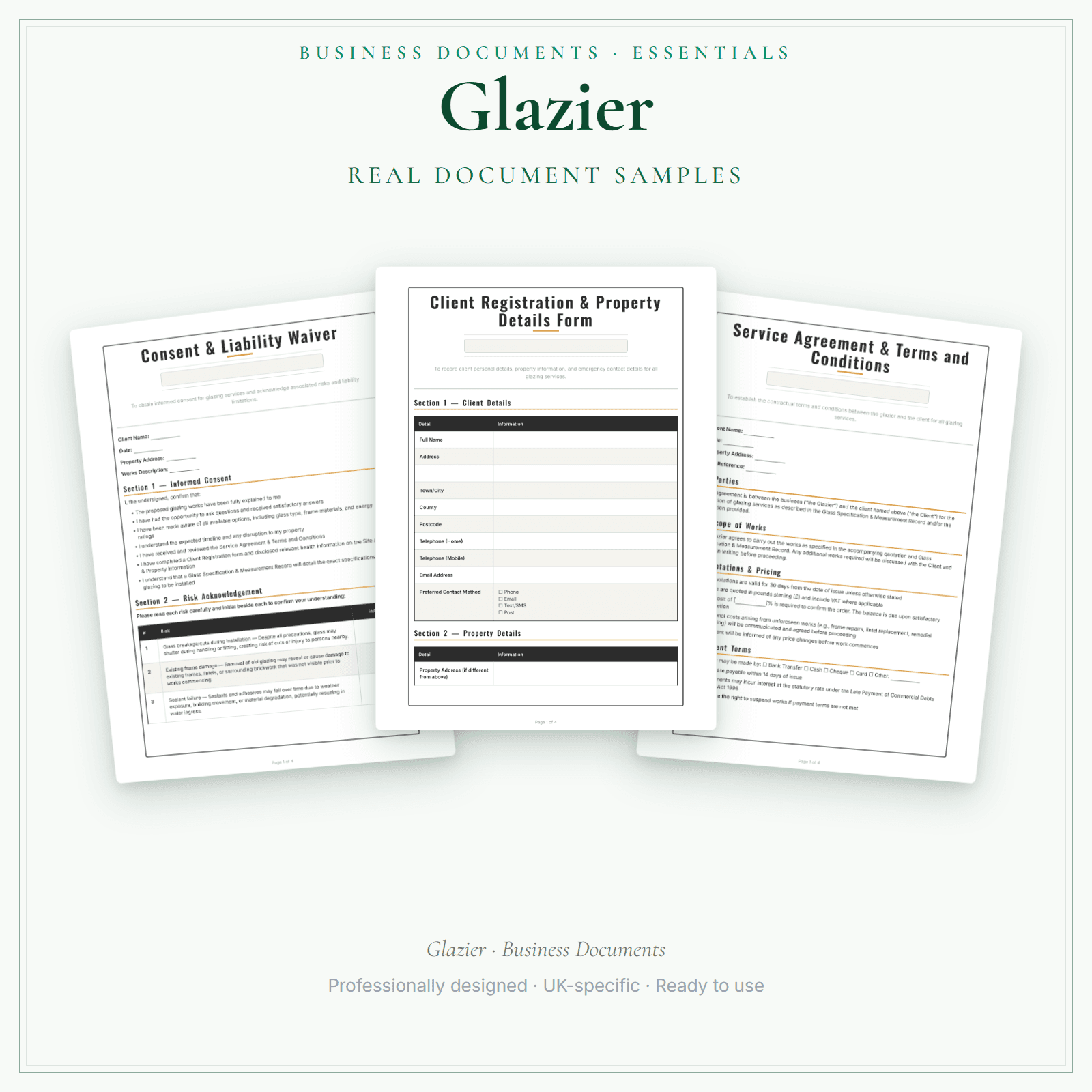 Glazier — Business Documents — Essential sample pages preview