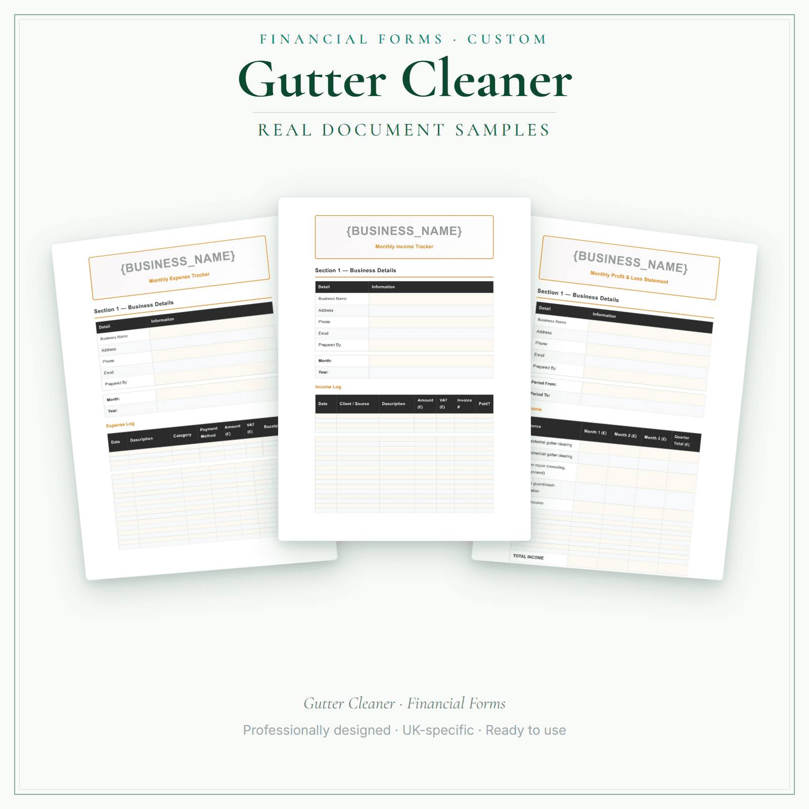 Gutter Cleaner — Financial Forms Bundle — Customisable sample pages preview
