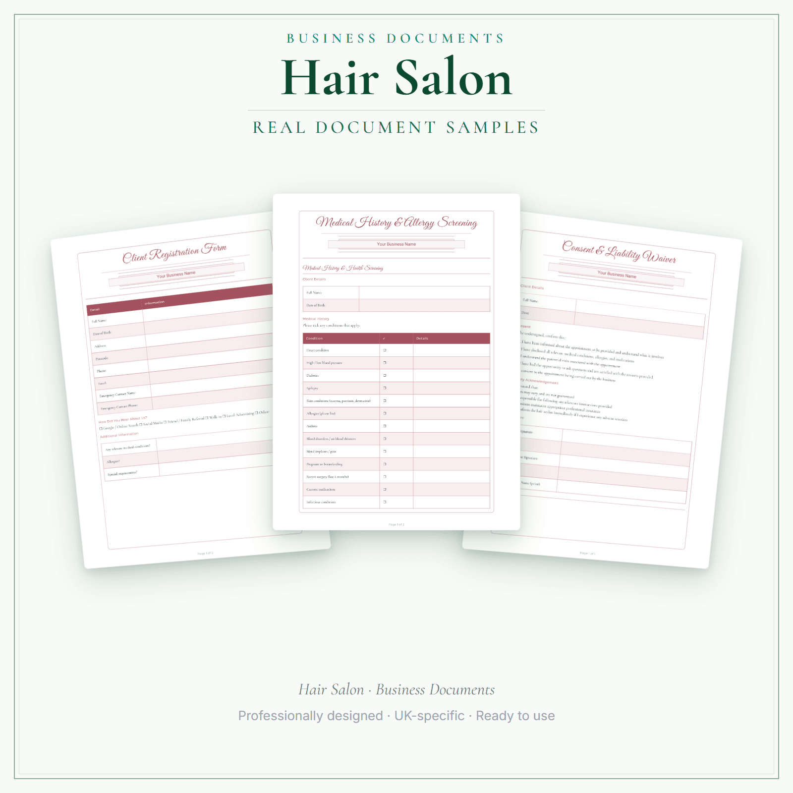 Hair Salon — Business Documents — Premium sample pages preview