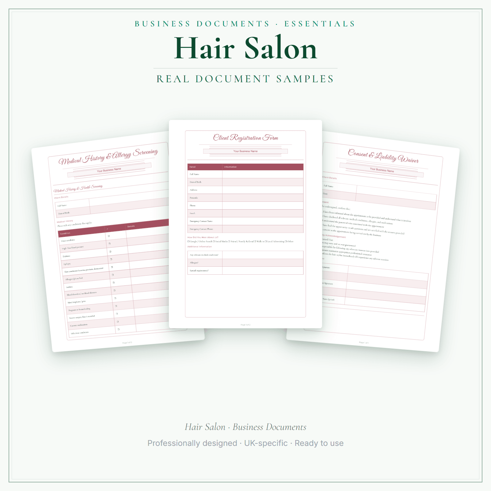 Hair Salon — Business Documents — Essential sample pages preview