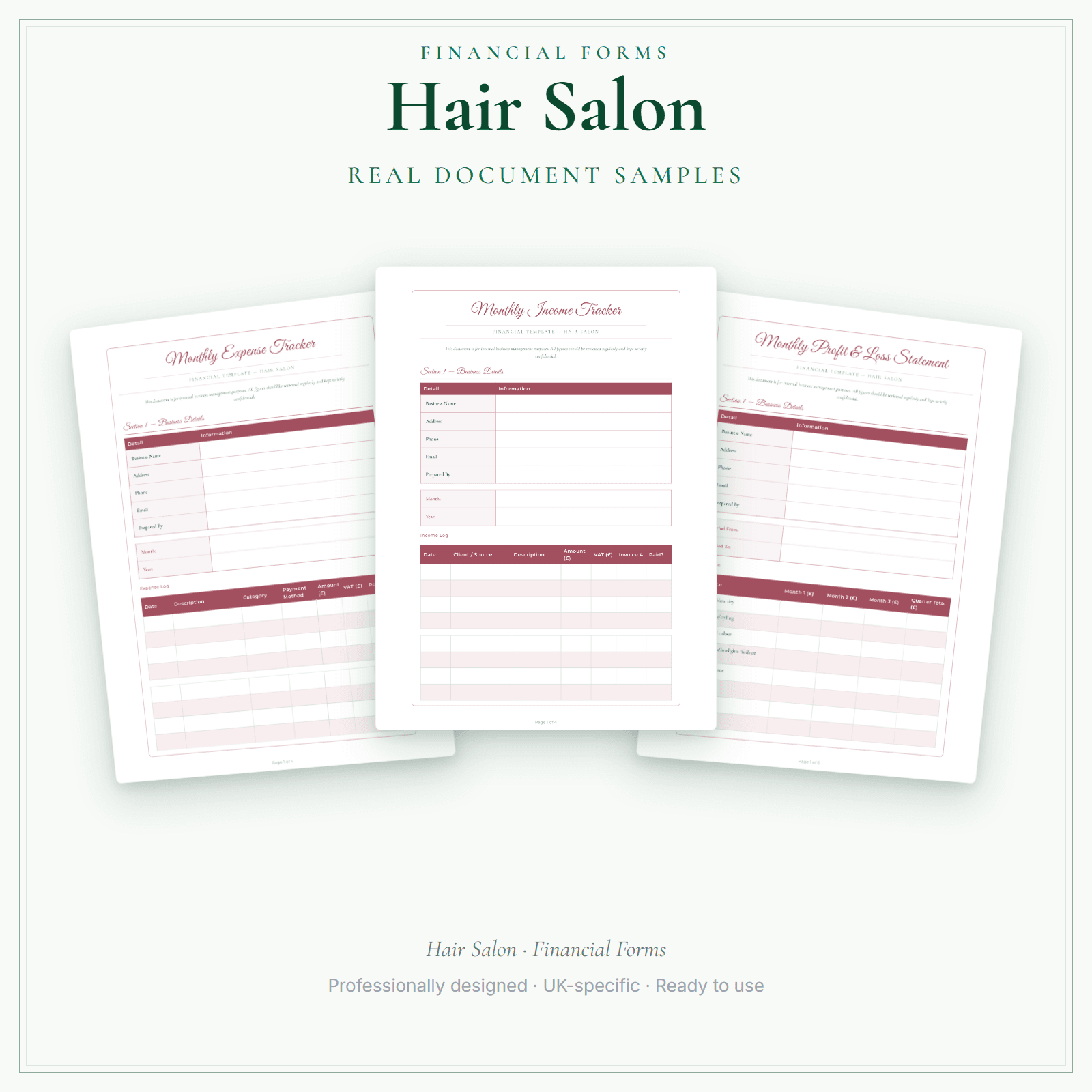 Hair Salon — Financial Forms Bundle — Premium sample pages preview