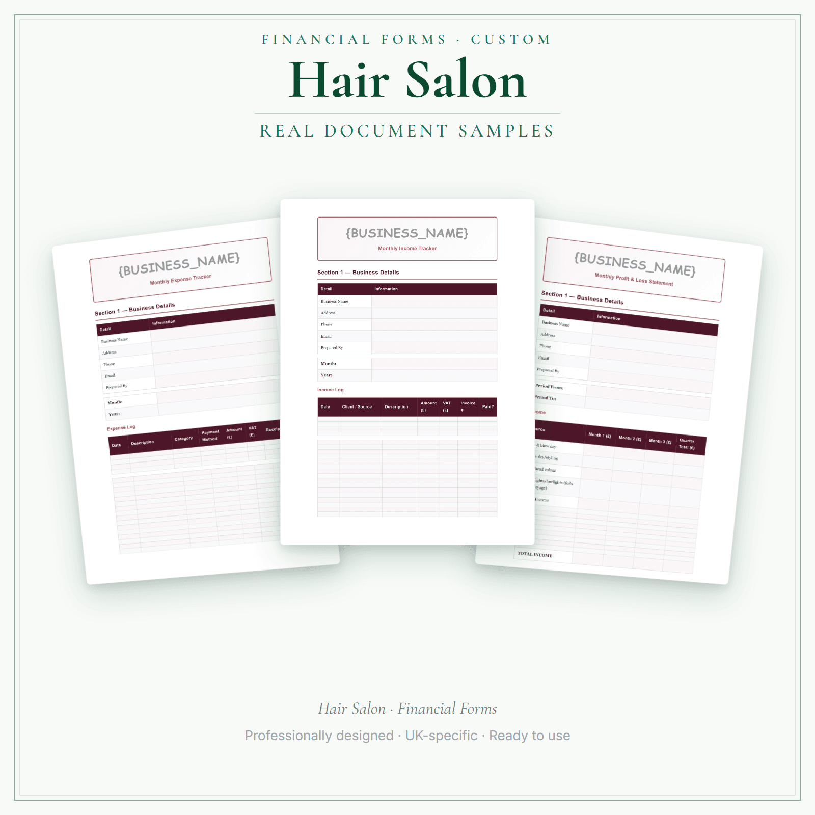 Hair Salon — Financial Forms Bundle — Customisable sample pages preview