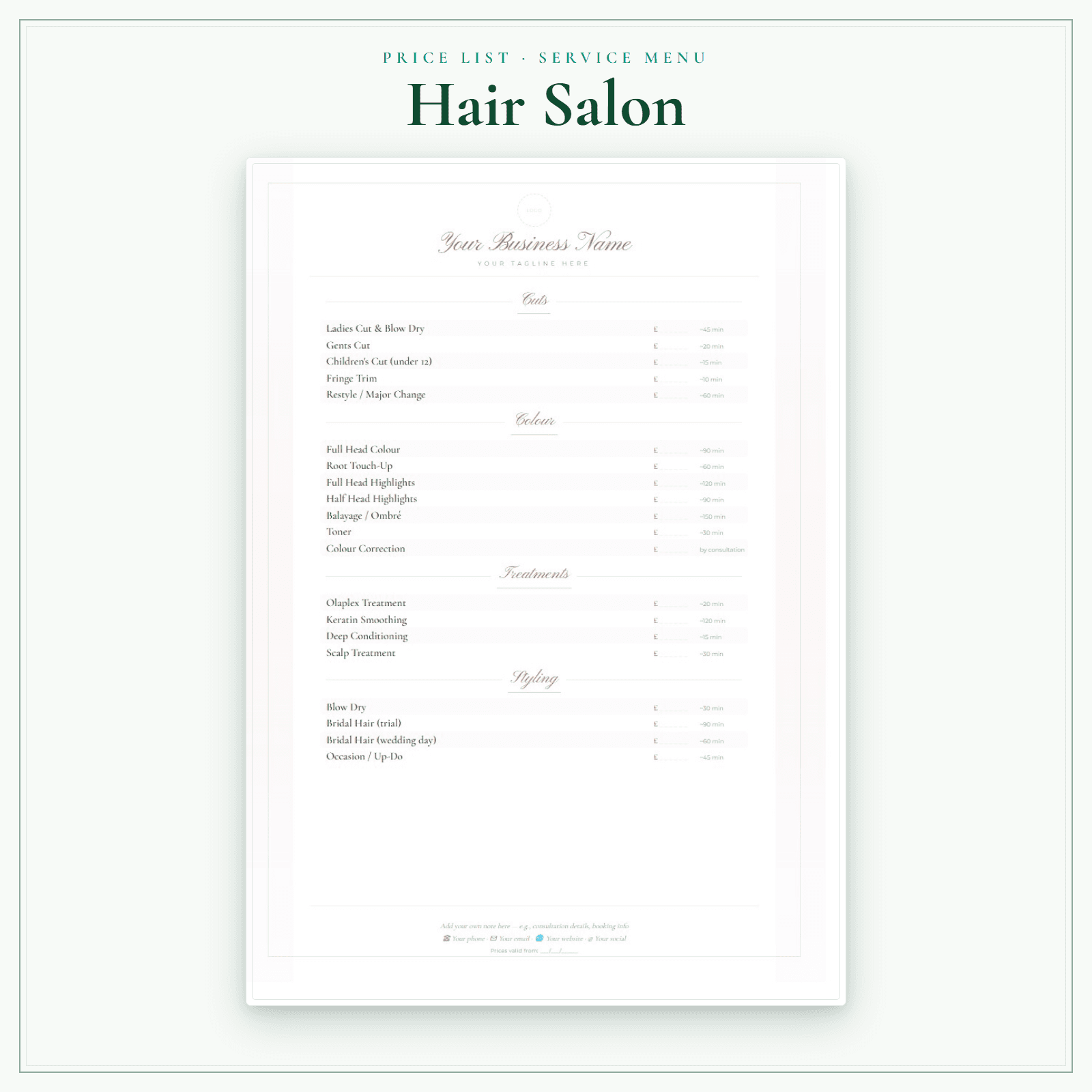 Hair Salon — Price List & Service Menu sample pages preview