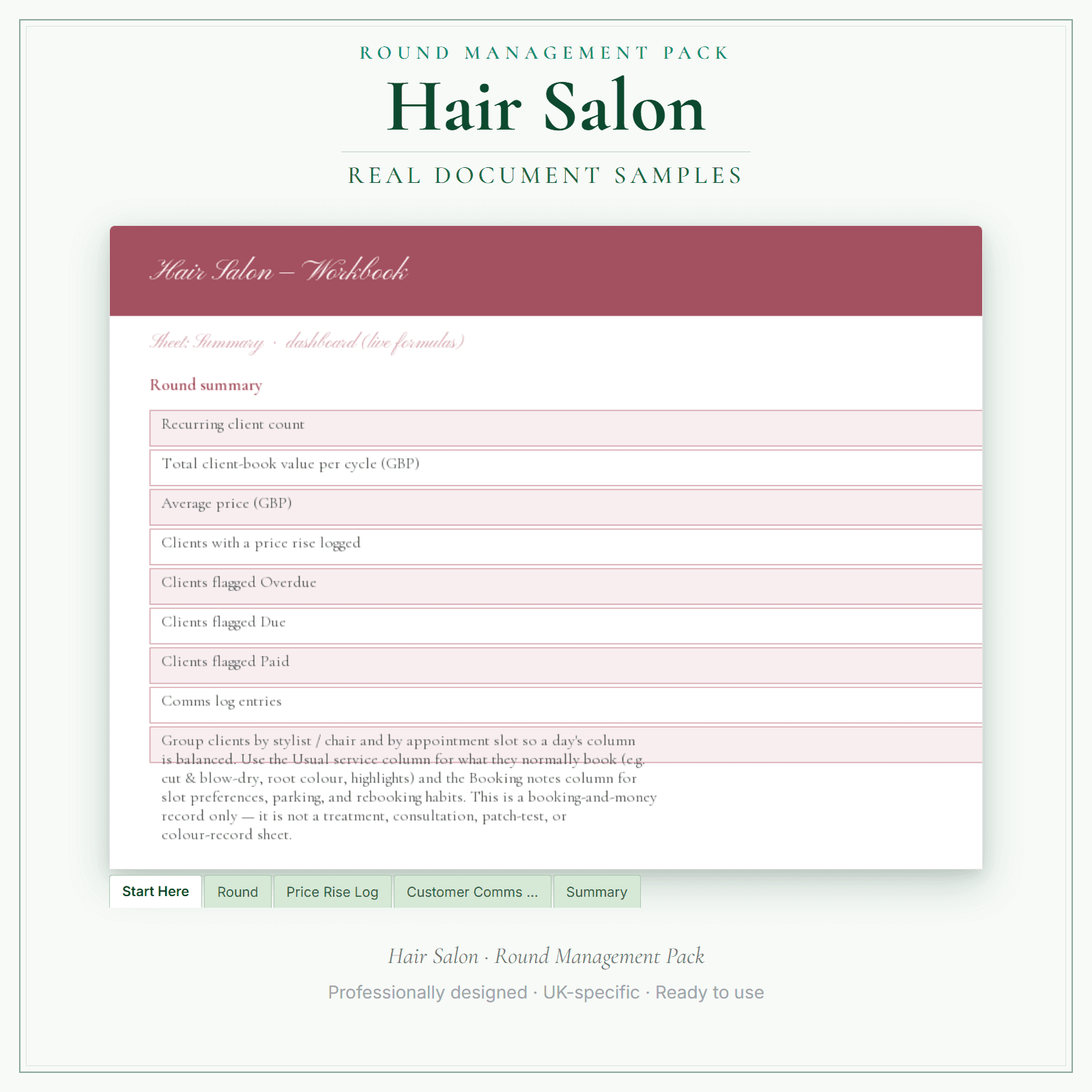 Hair Salon — Round Management Pack sample pages preview