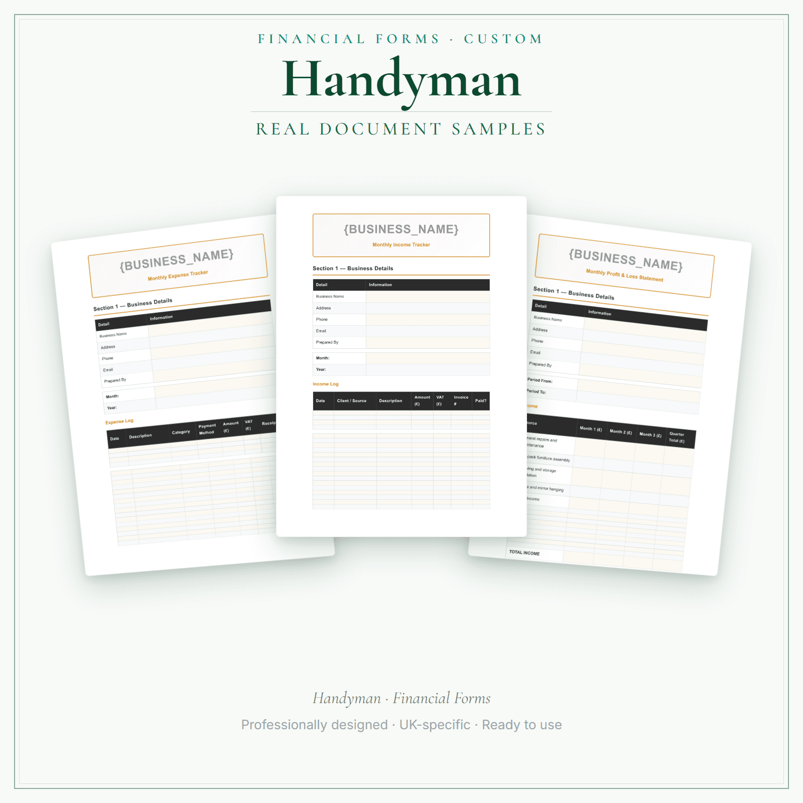 Handyman — Financial Forms Bundle — Customisable sample pages preview