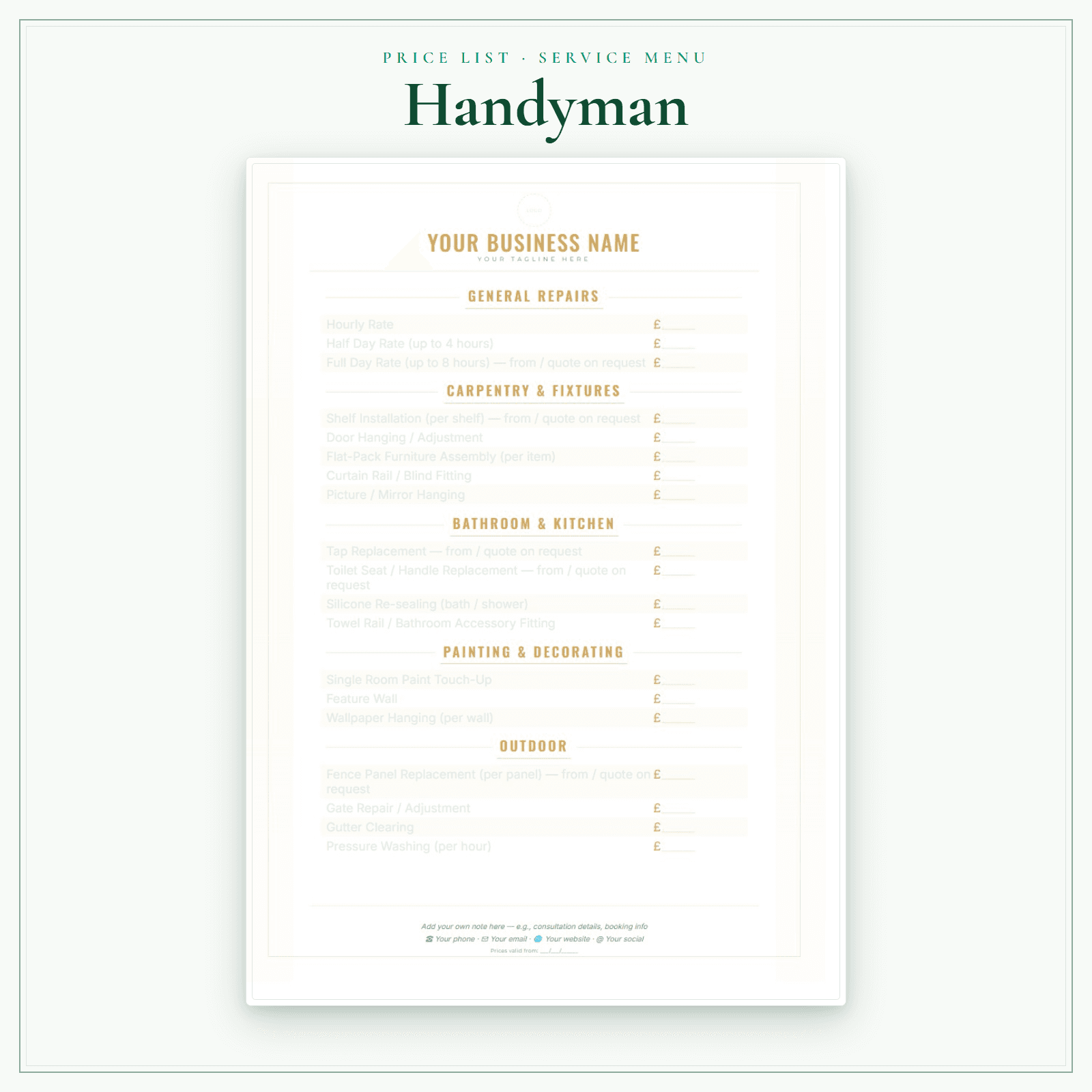 Handyman — Price List & Service Menu sample pages preview