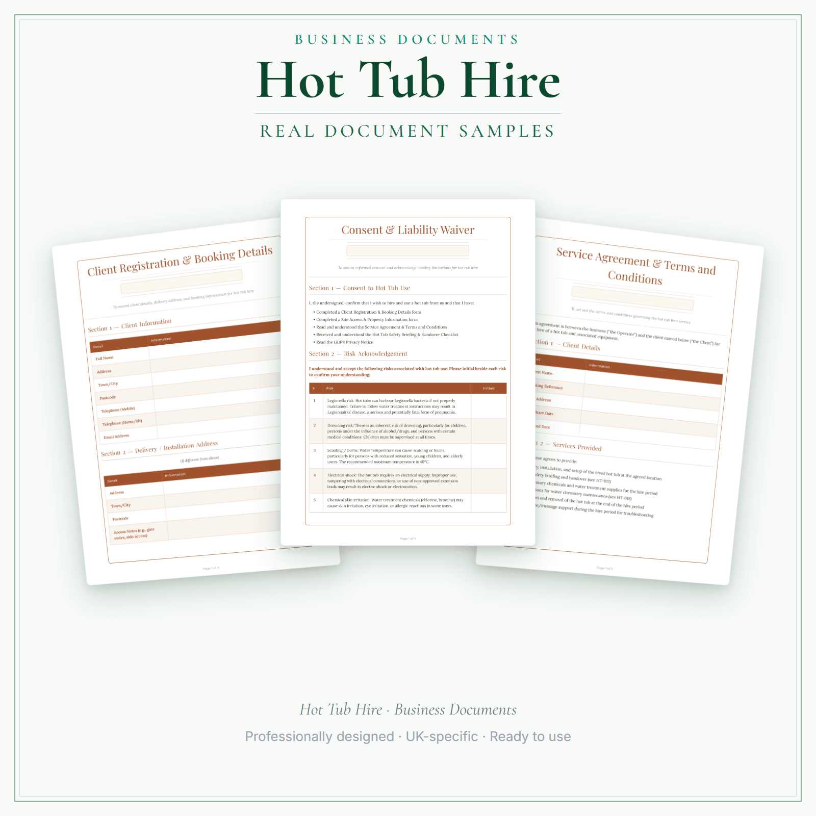 Hot Tub Hire — Business Documents — Premium sample pages preview