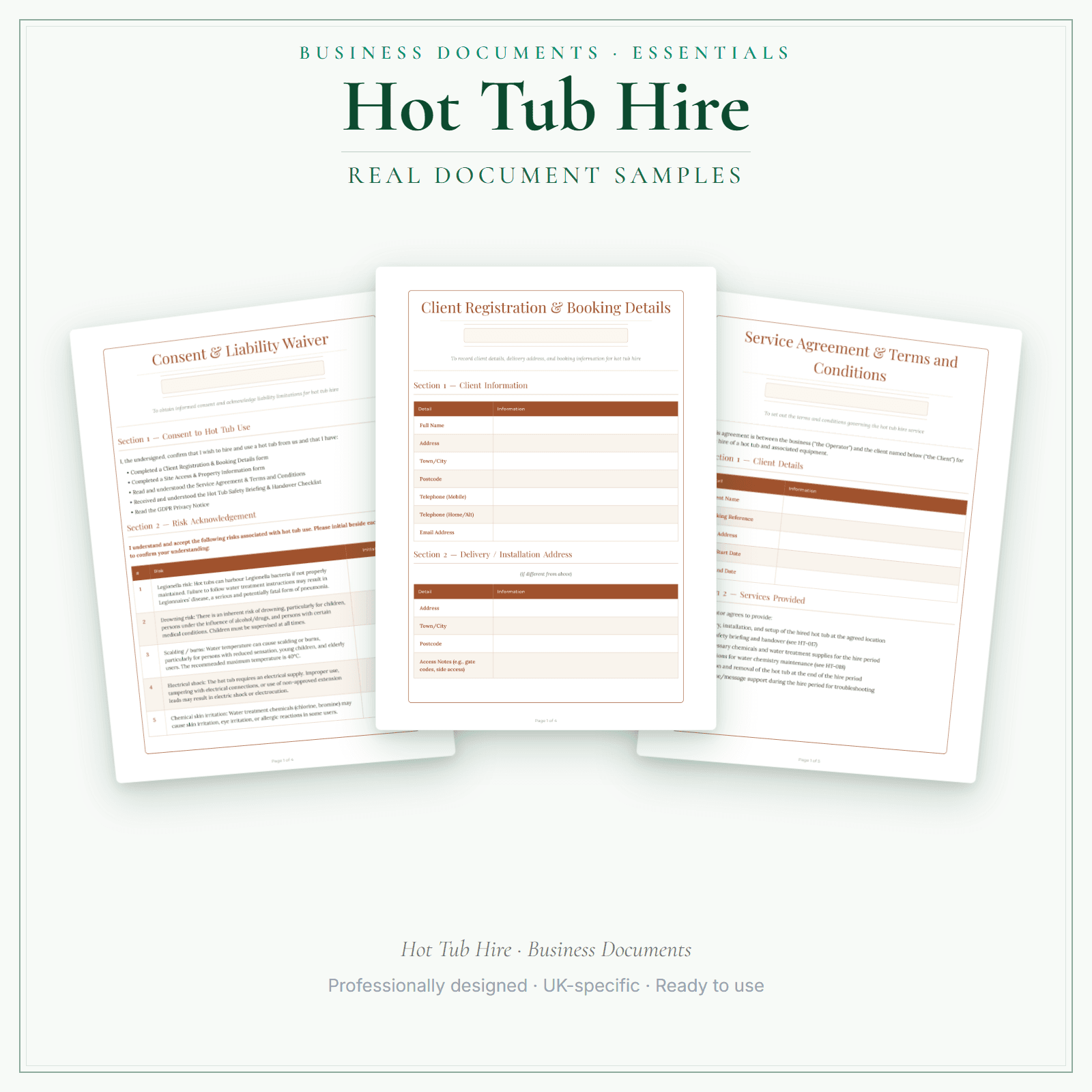 Hot Tub Hire — Business Documents — Essential sample pages preview