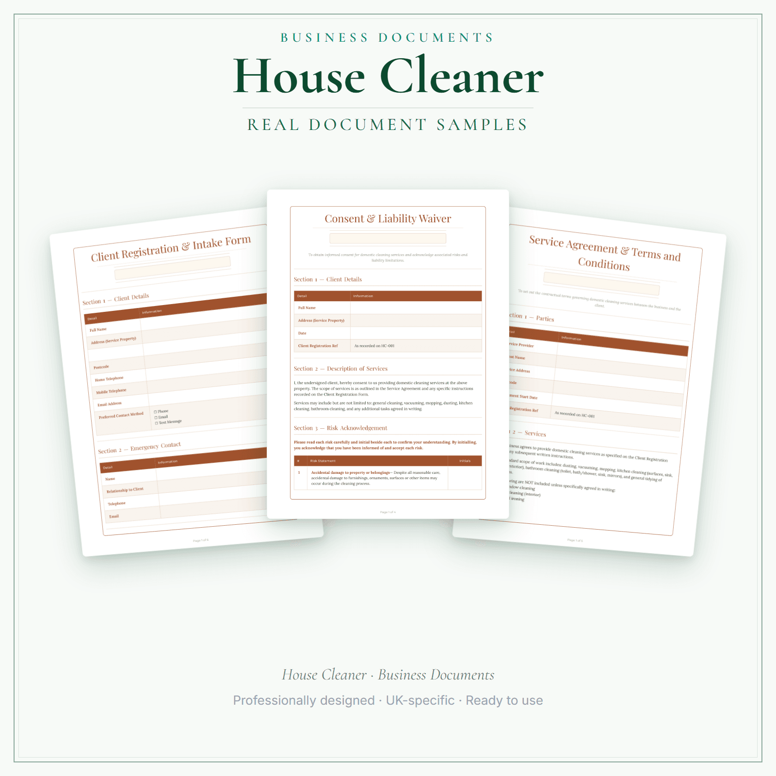 House Cleaner — Business Documents — Premium sample pages preview