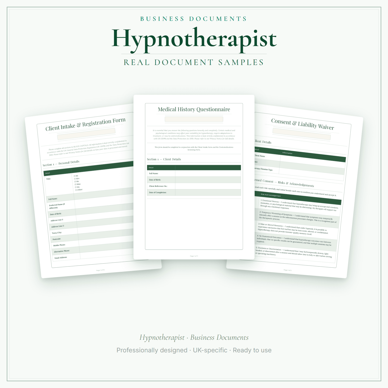 Hypnotherapist — Business Documents — Premium sample pages preview