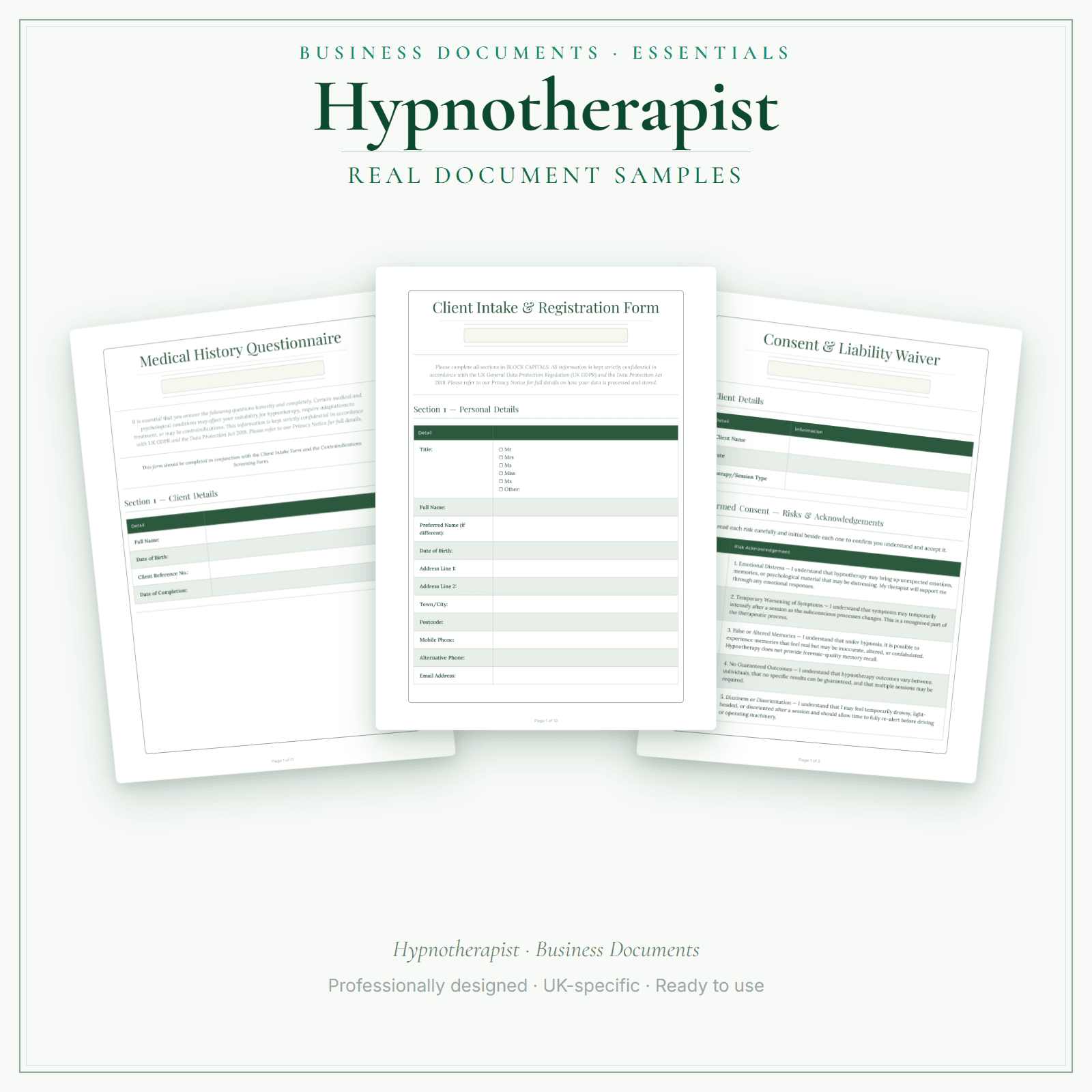 Hypnotherapist — Business Documents — Essential sample pages preview