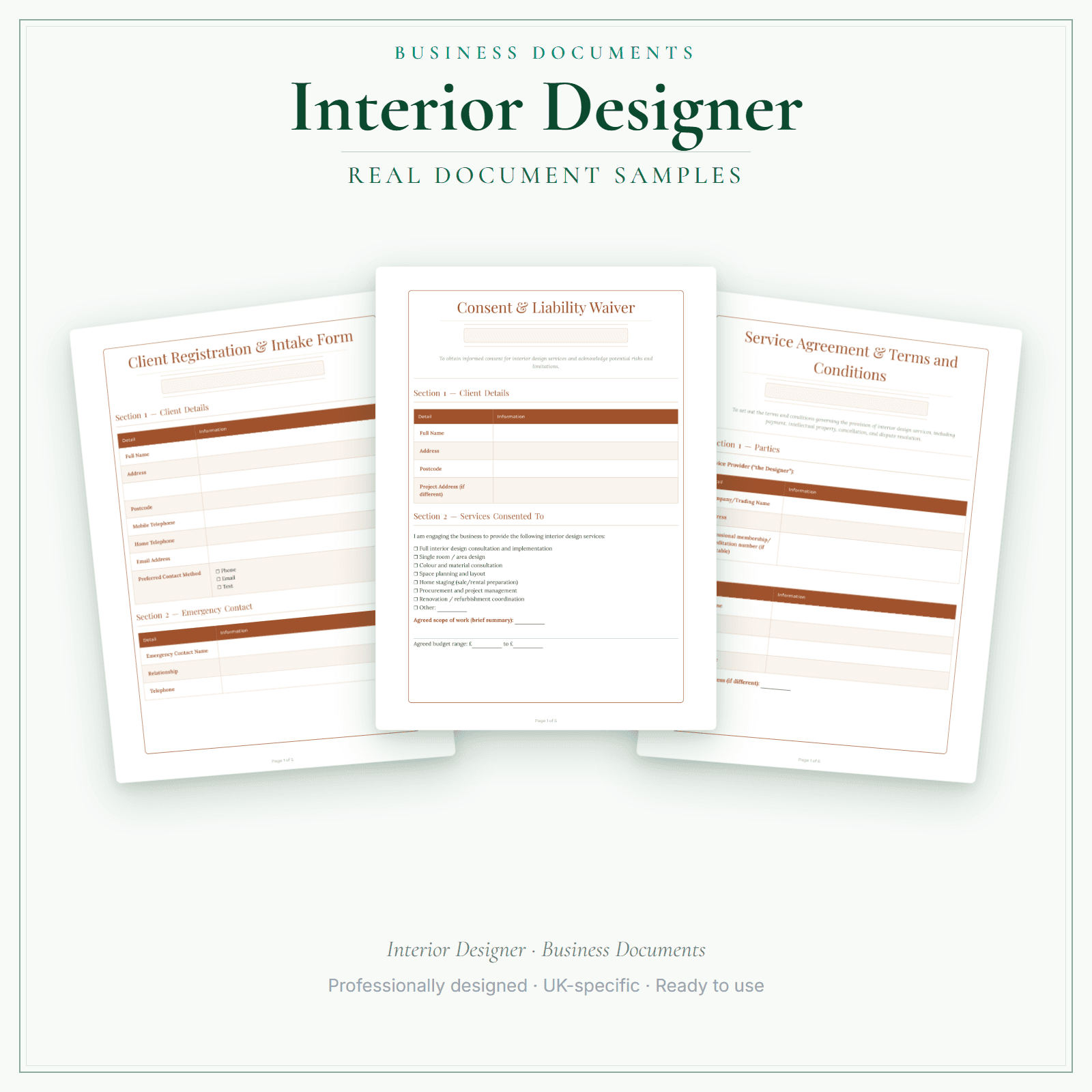 Interior Designer — Business Documents — Premium sample pages preview