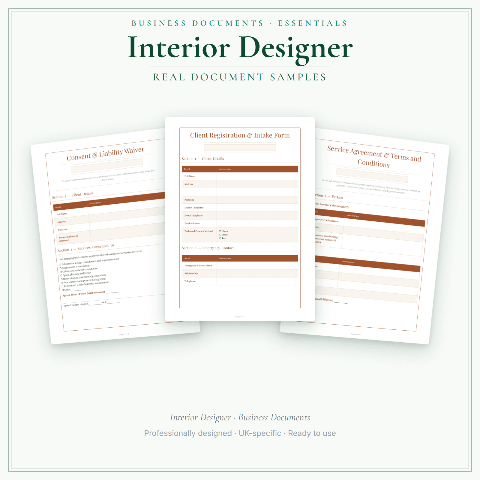 Interior Designer — Business Documents — Essential sample pages preview
