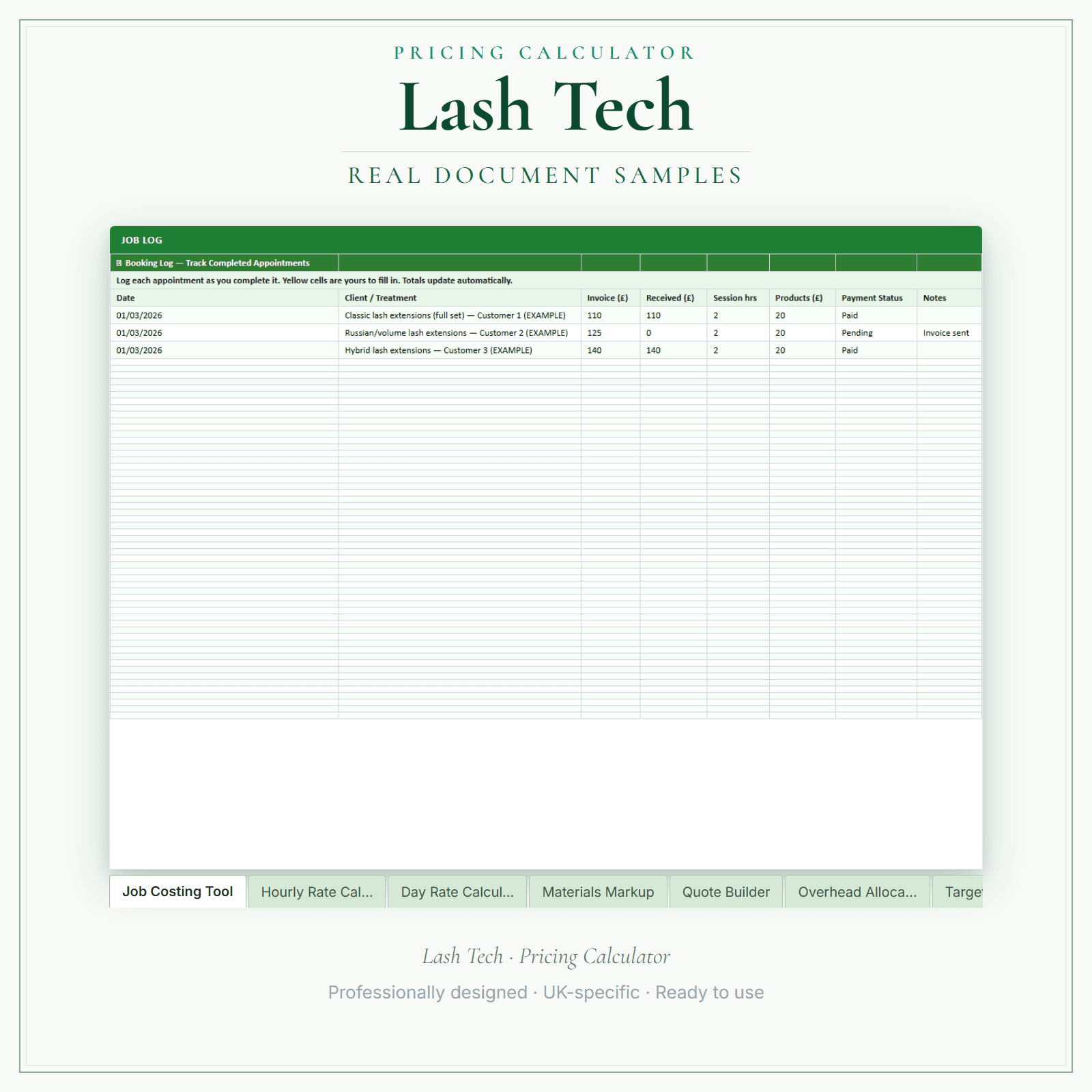 Lash Tech — Pricing Calculator — Premium sample pages preview