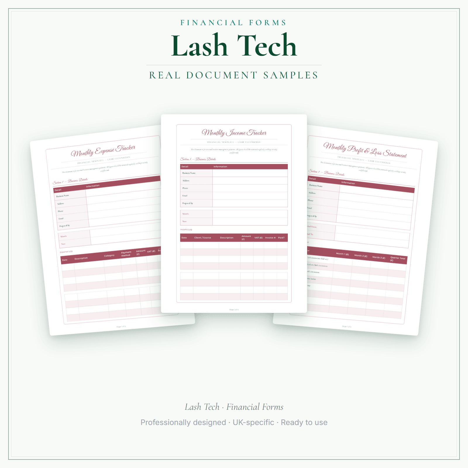 Lash Tech — Financial Forms Bundle — Premium sample pages preview