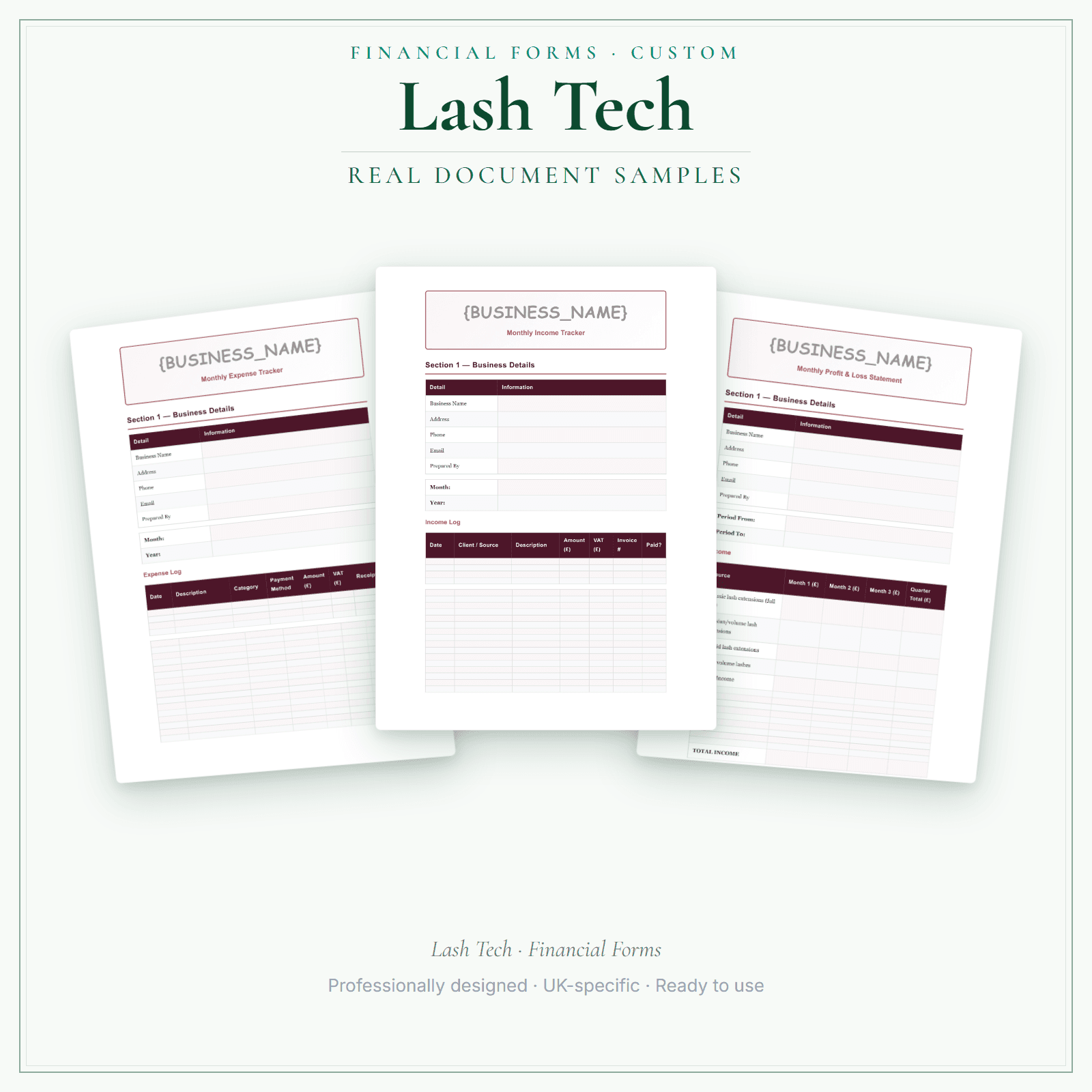 Lash Tech — Financial Forms Bundle — Customisable sample pages preview