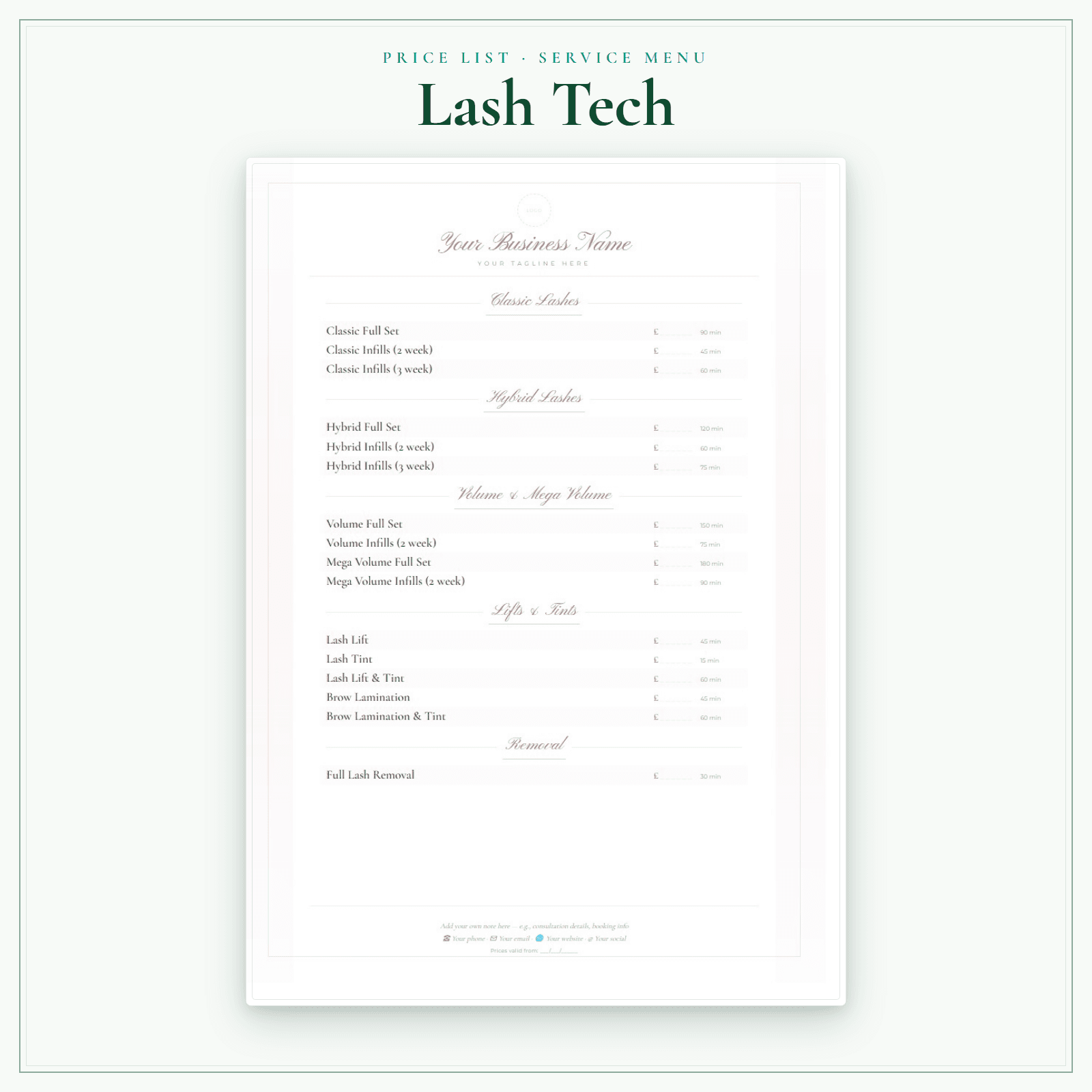 Lash Tech — Price List & Service Menu sample pages preview