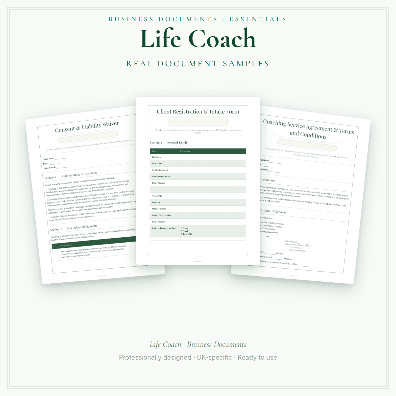 Life Coach — Business Documents — Essential sample pages preview
