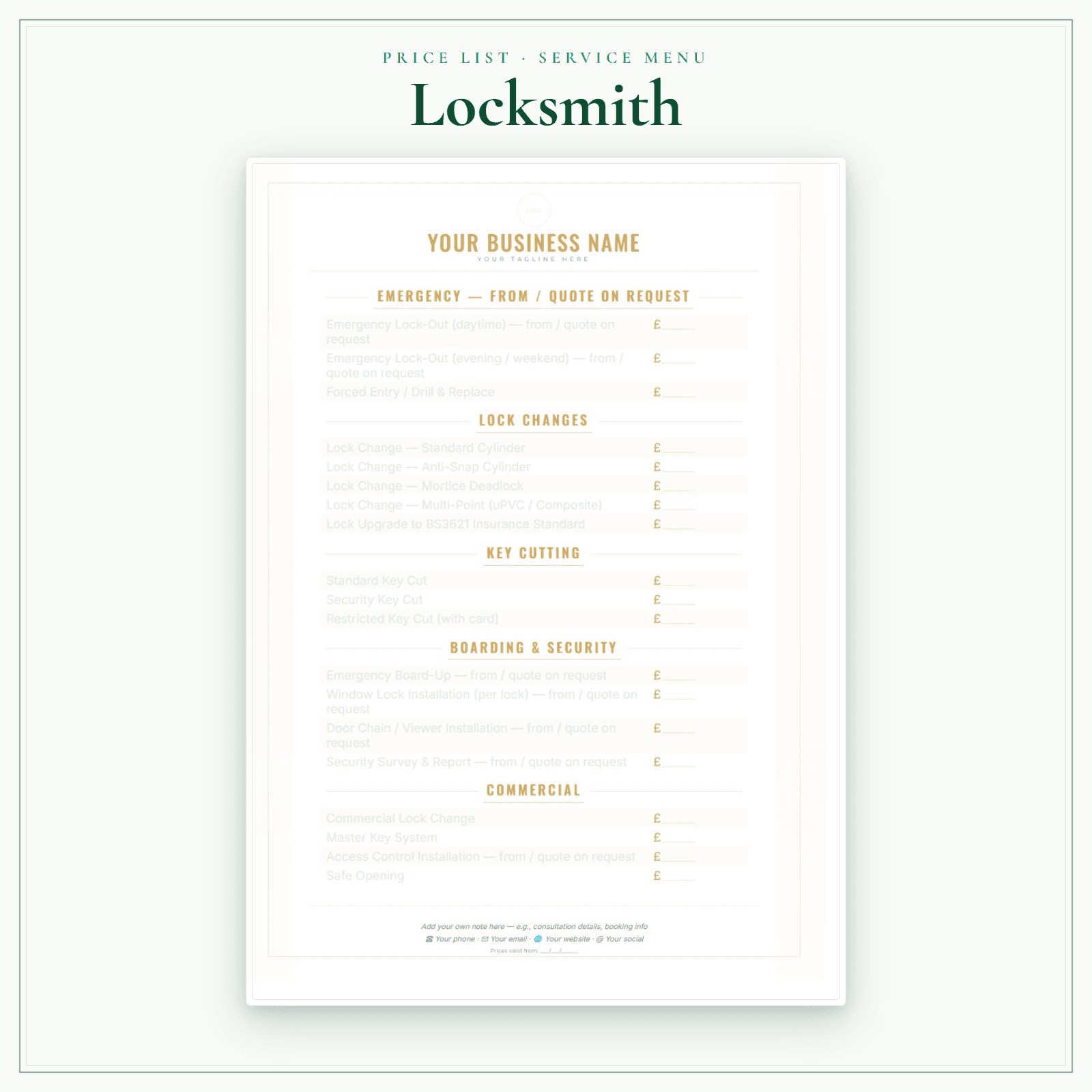 Locksmith — Price List & Service Menu sample pages preview