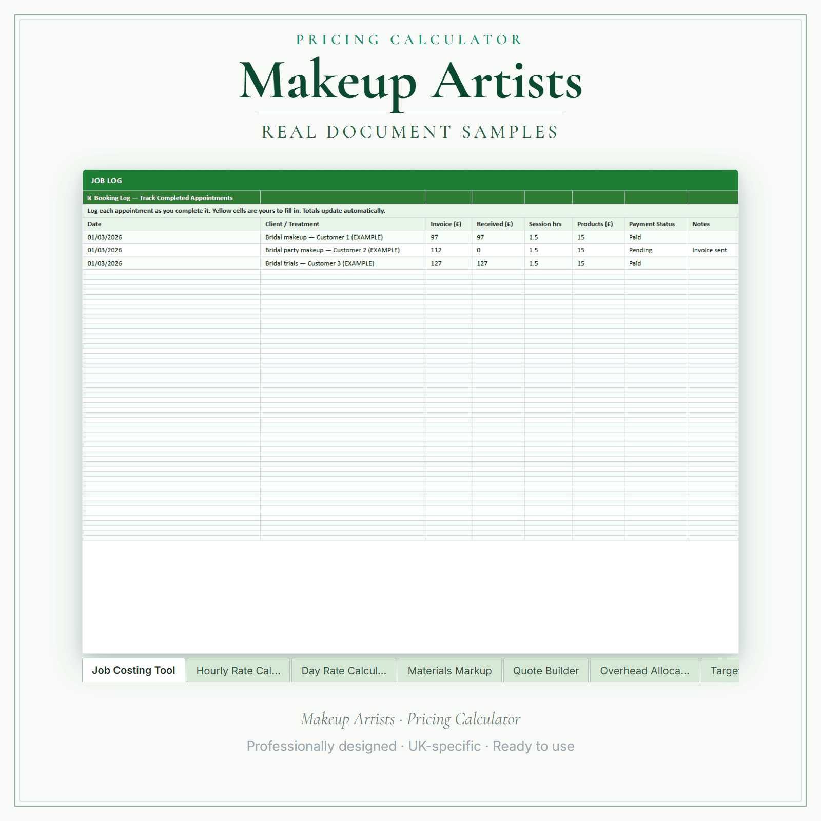 Makeup Artists — Pricing Calculator — Premium sample pages preview