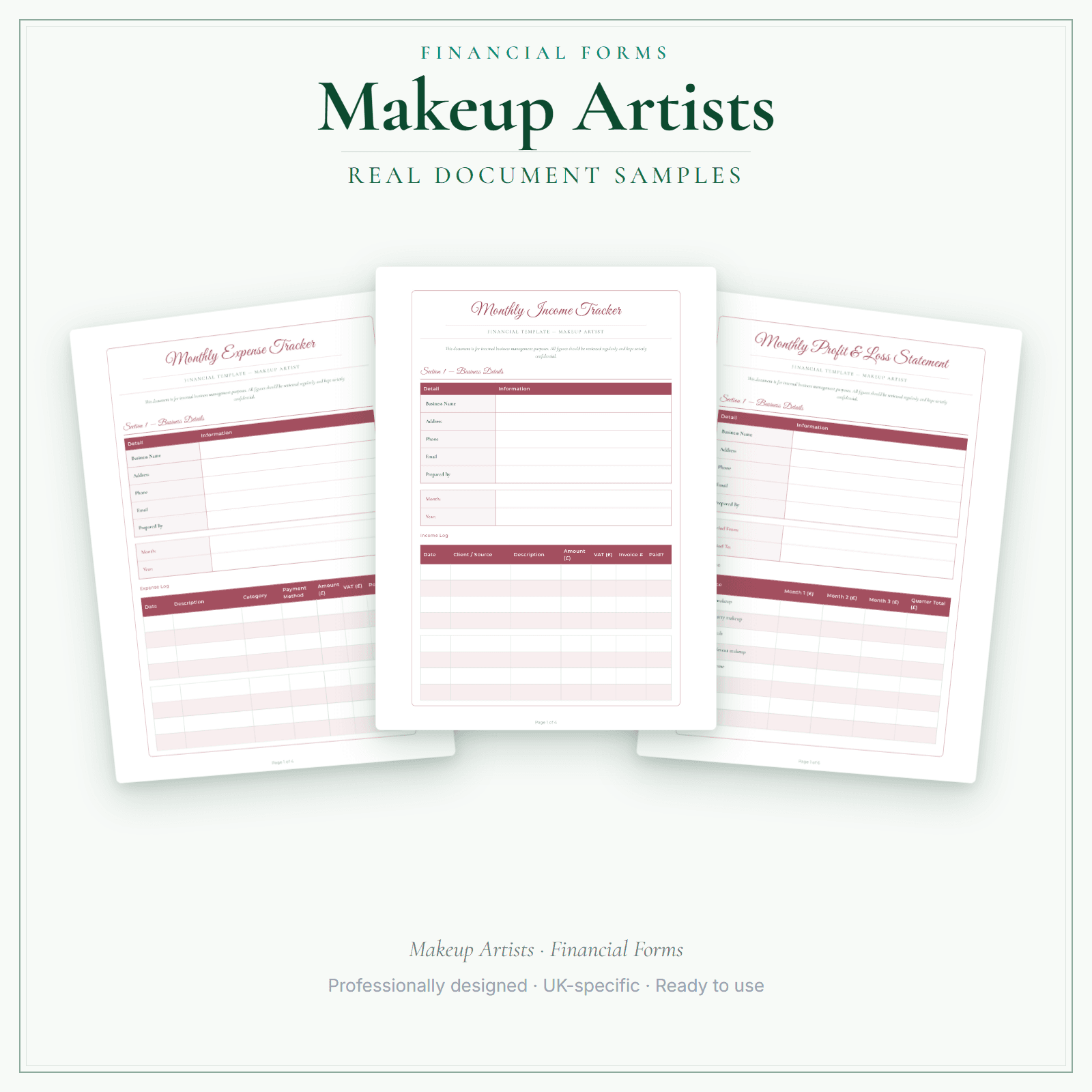 Makeup Artists — Financial Forms Bundle — Premium sample pages preview