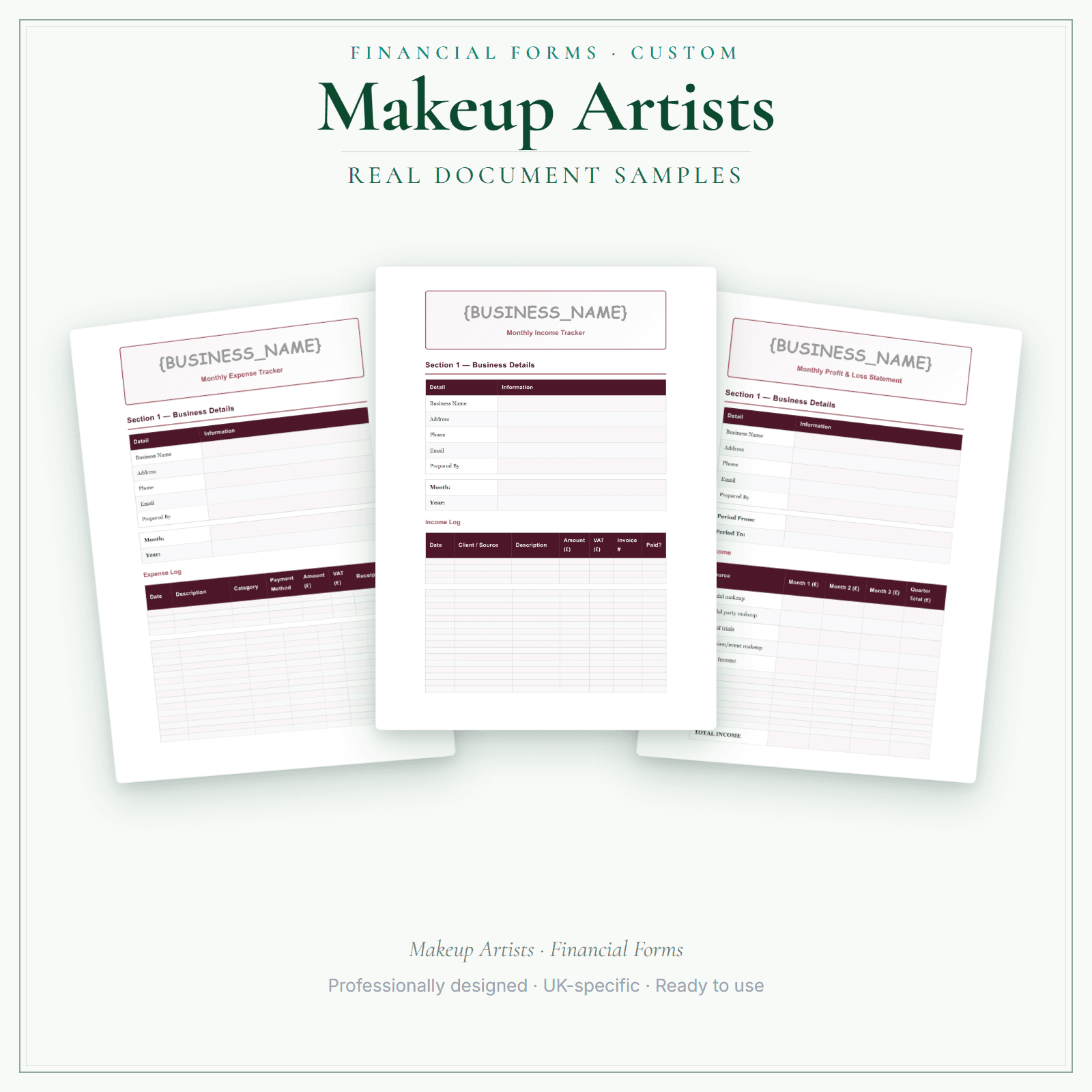 Makeup Artists — Financial Forms Bundle — Customisable sample pages preview