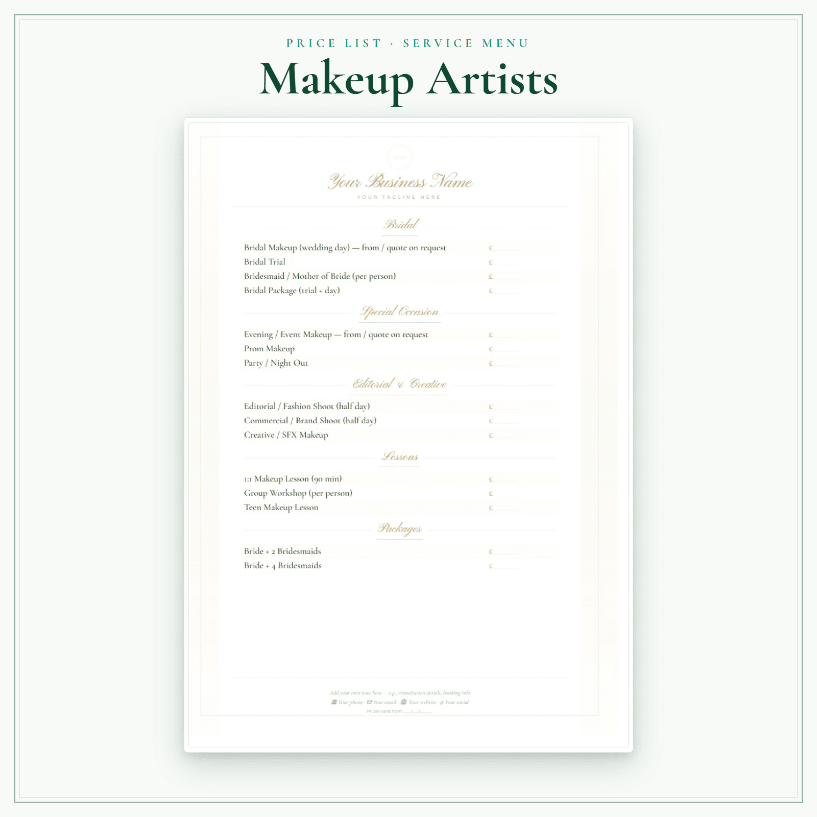 Makeup Artists — Price List & Service Menu sample pages preview