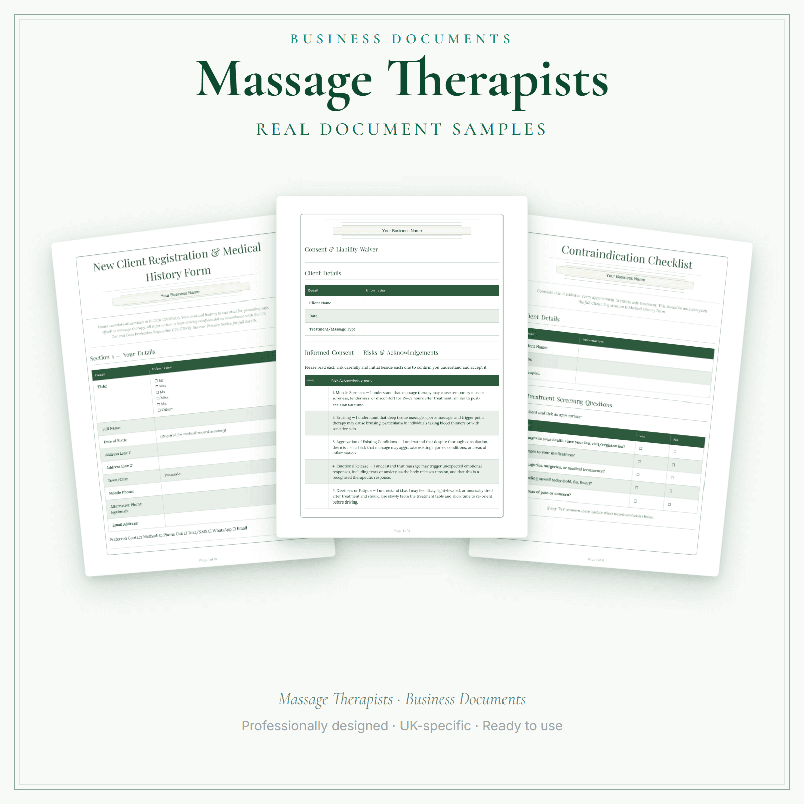 Massage Therapists — Business Documents — Premium sample pages preview