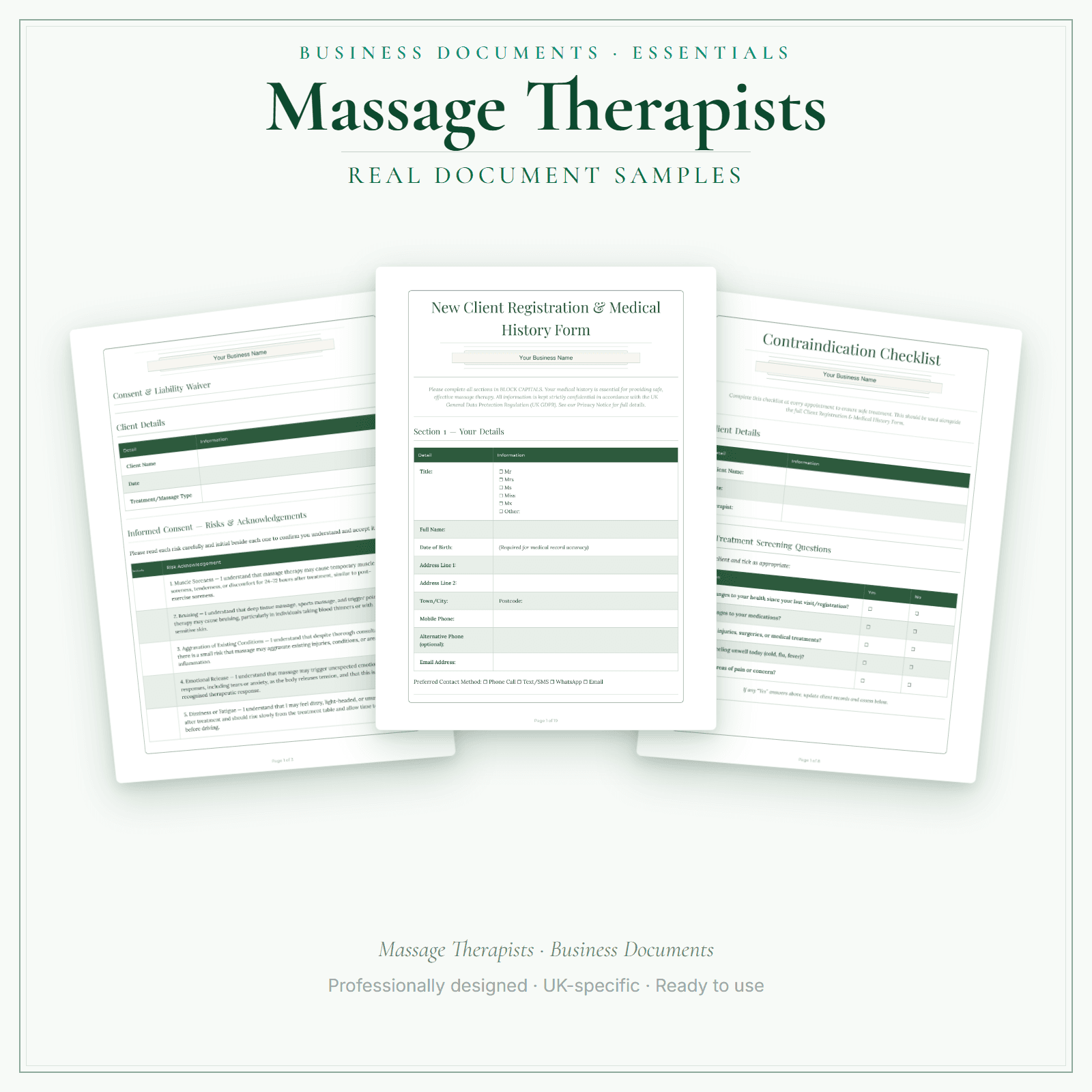 Massage Therapists — Business Documents — Essential sample pages preview