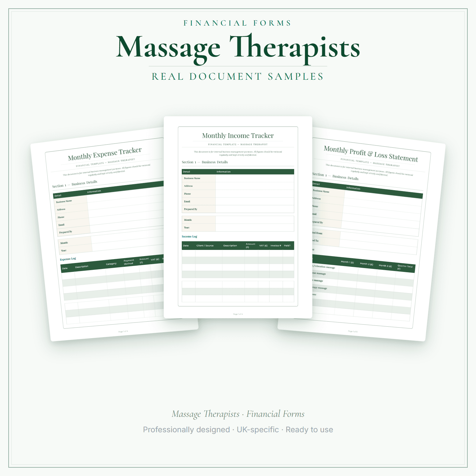 Massage Therapists — Financial Forms Bundle — Premium sample pages preview
