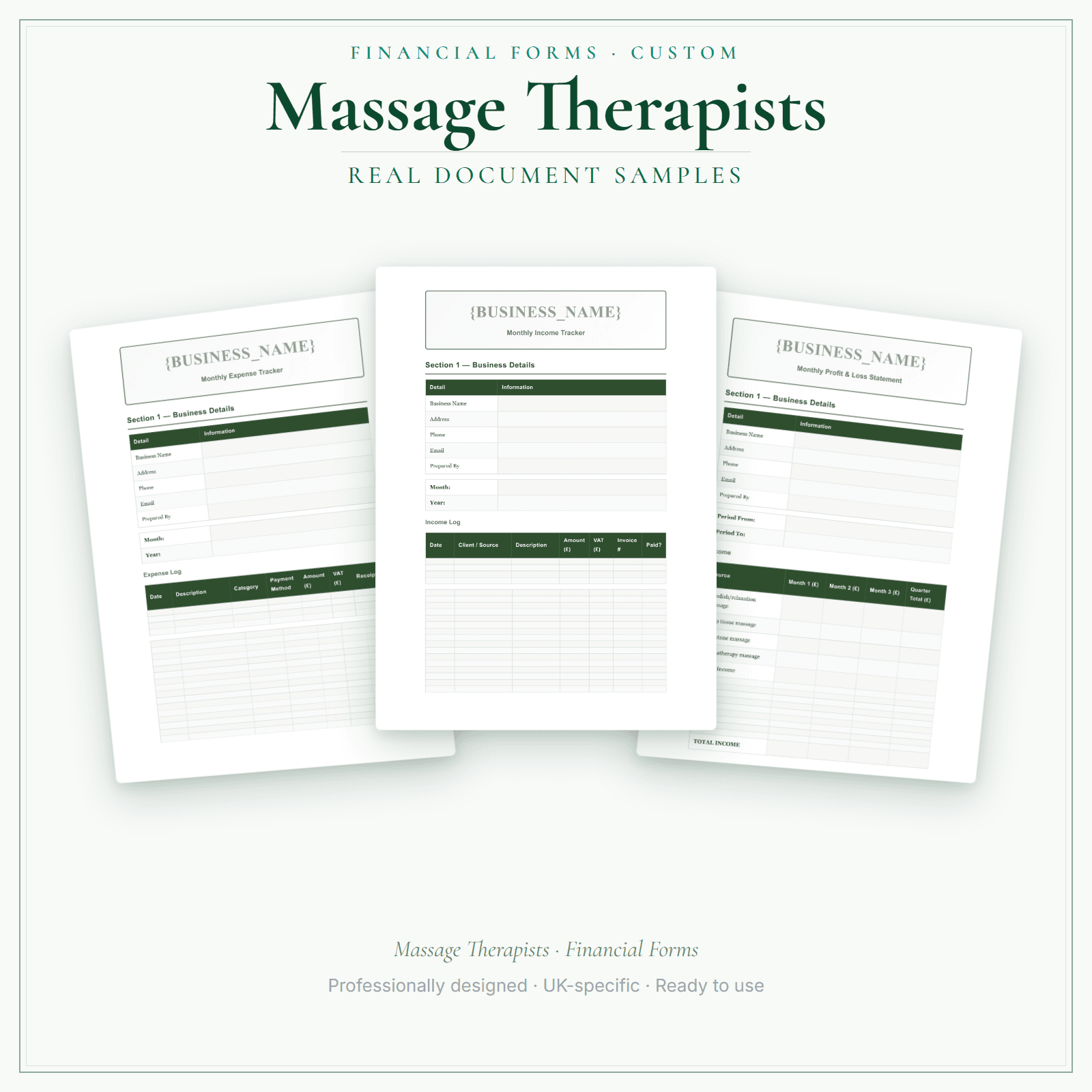 Massage Therapists — Financial Forms Bundle — Customisable sample pages preview