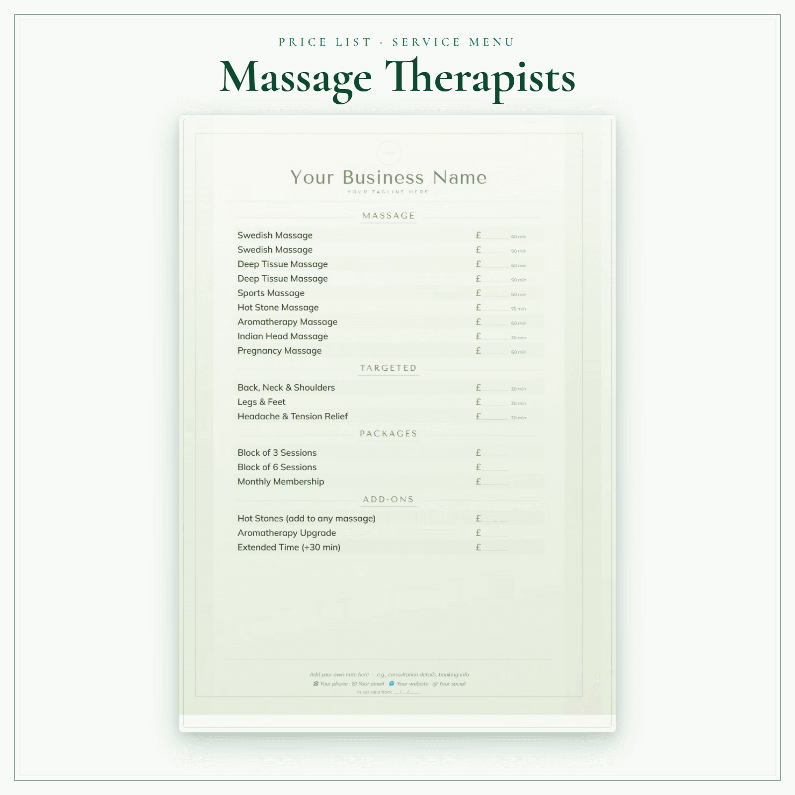 Massage Therapists — Price List & Service Menu sample pages preview