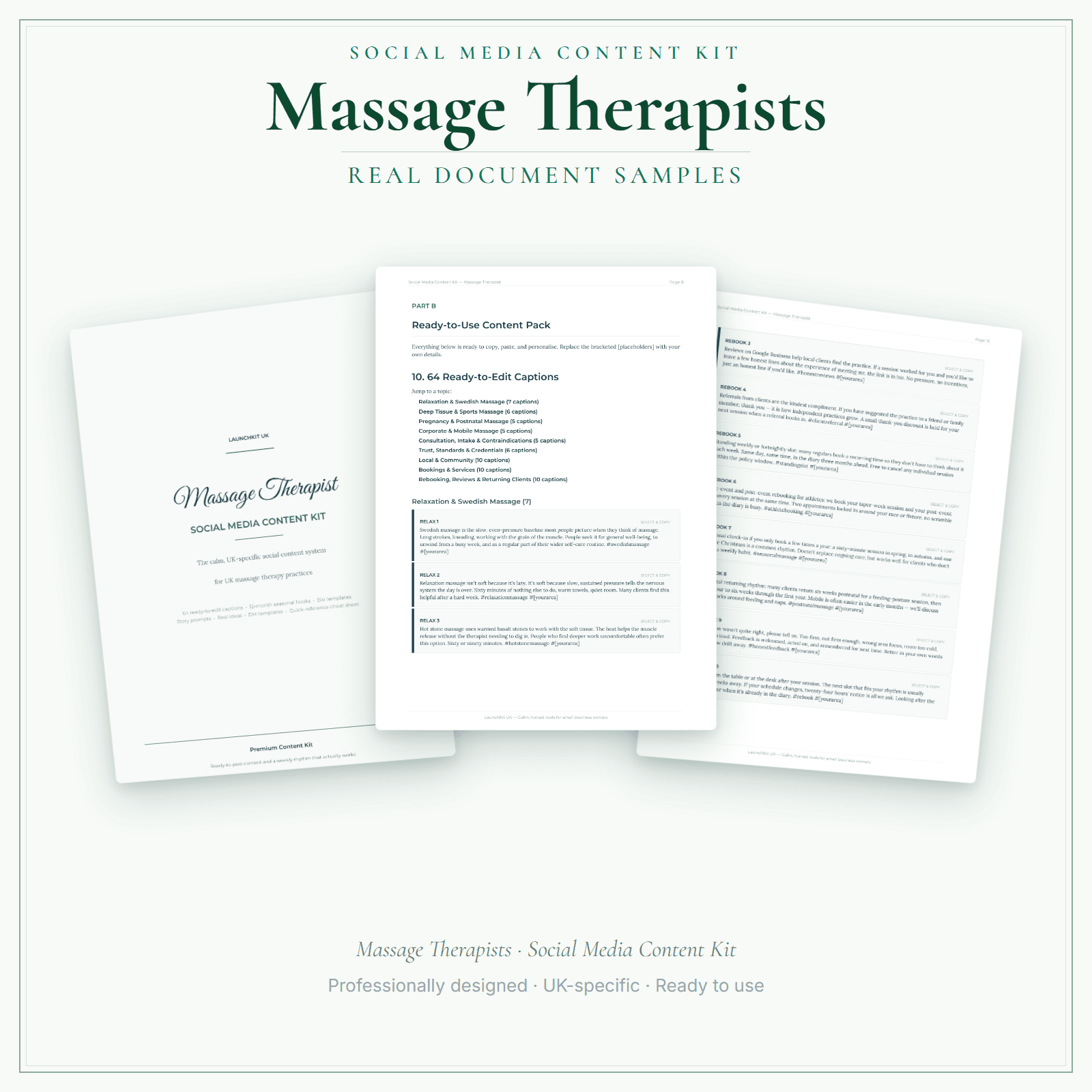 Massage Therapists — Social Media Content Kit sample pages preview