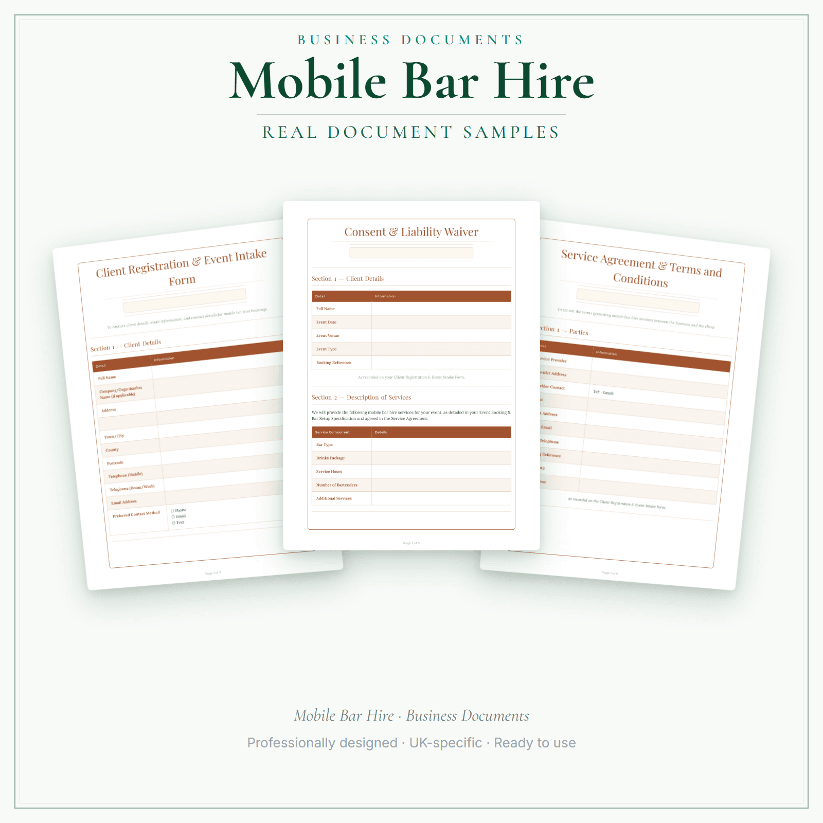 Mobile Bar Hire — Business Documents — Premium sample pages preview