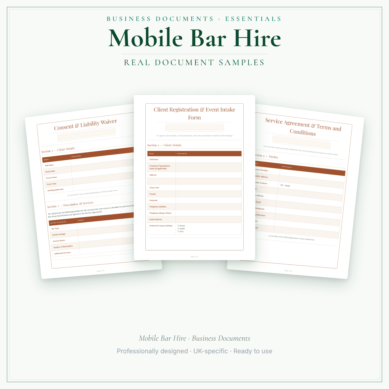 Mobile Bar Hire — Business Documents — Essential sample pages preview