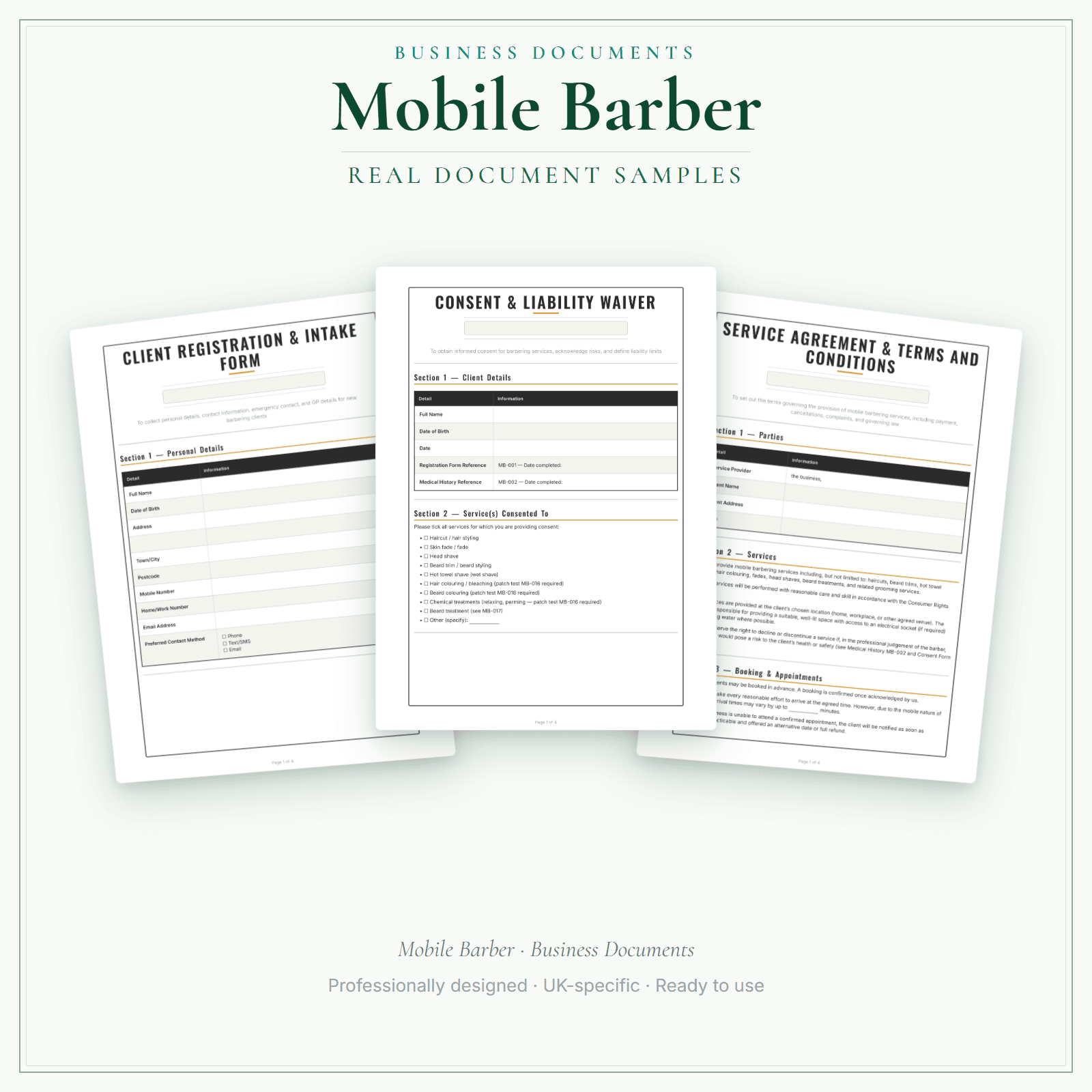 Mobile Barber — Business Documents — Premium sample pages preview