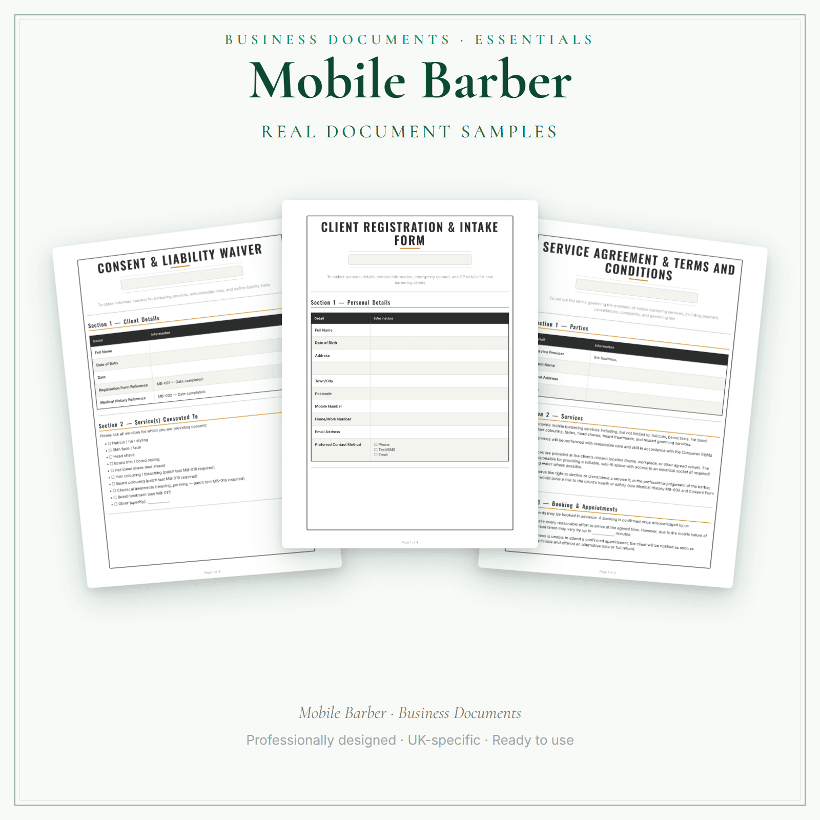 Mobile Barber — Business Documents — Essential sample pages preview