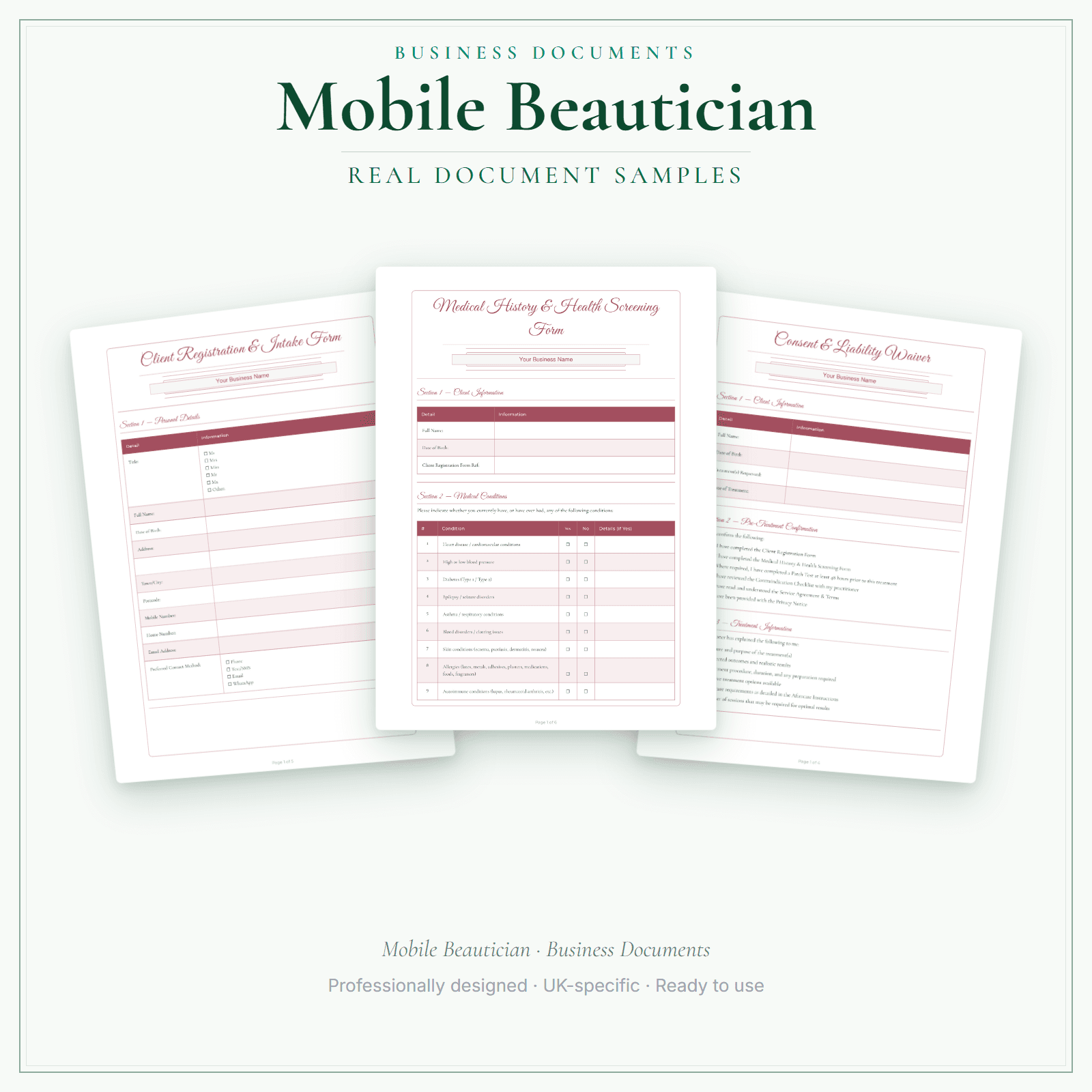 Mobile Beautician — Business Documents — Premium sample pages preview