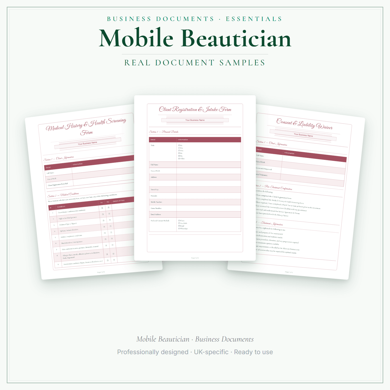 Mobile Beautician — Business Documents — Essential sample pages preview