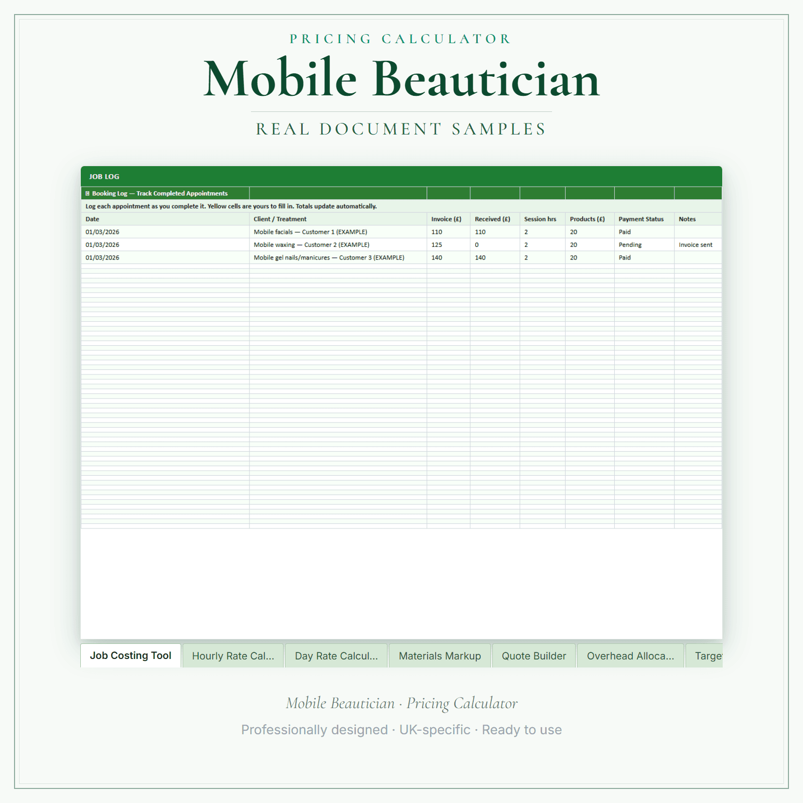 Mobile Beautician — Pricing Calculator — Premium sample pages preview