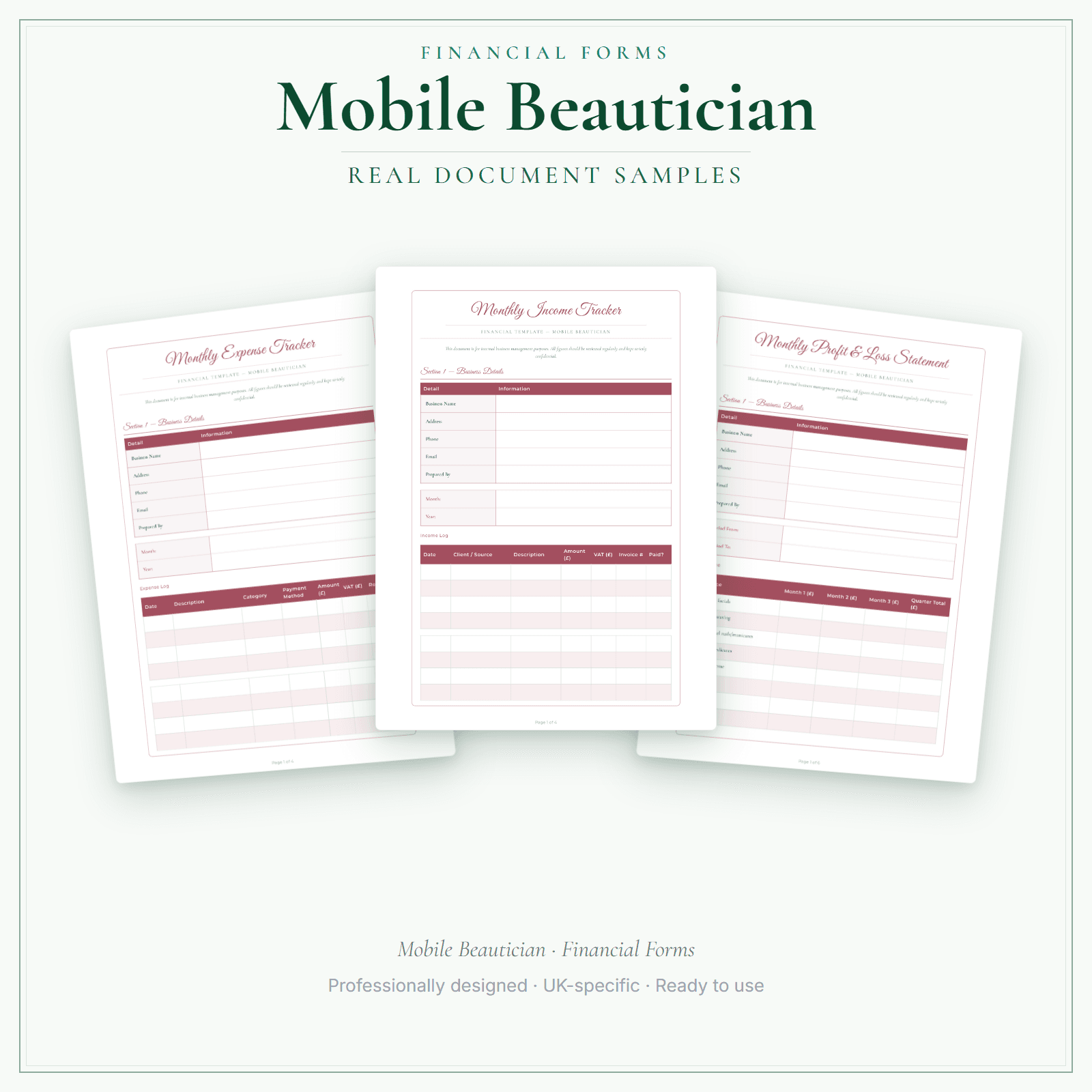 Mobile Beautician — Financial Forms Bundle — Premium sample pages preview