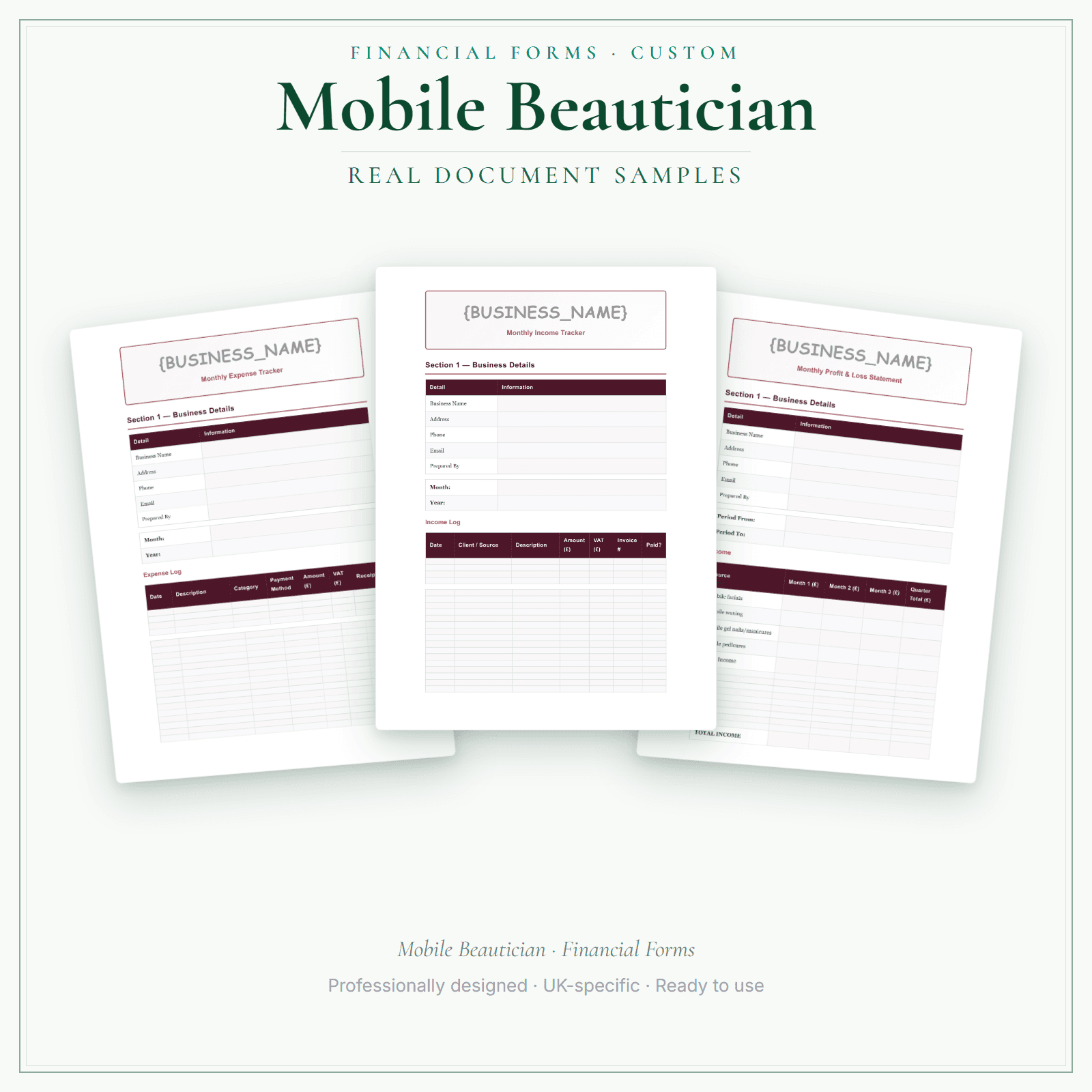 Mobile Beautician — Financial Forms Bundle — Customisable sample pages preview