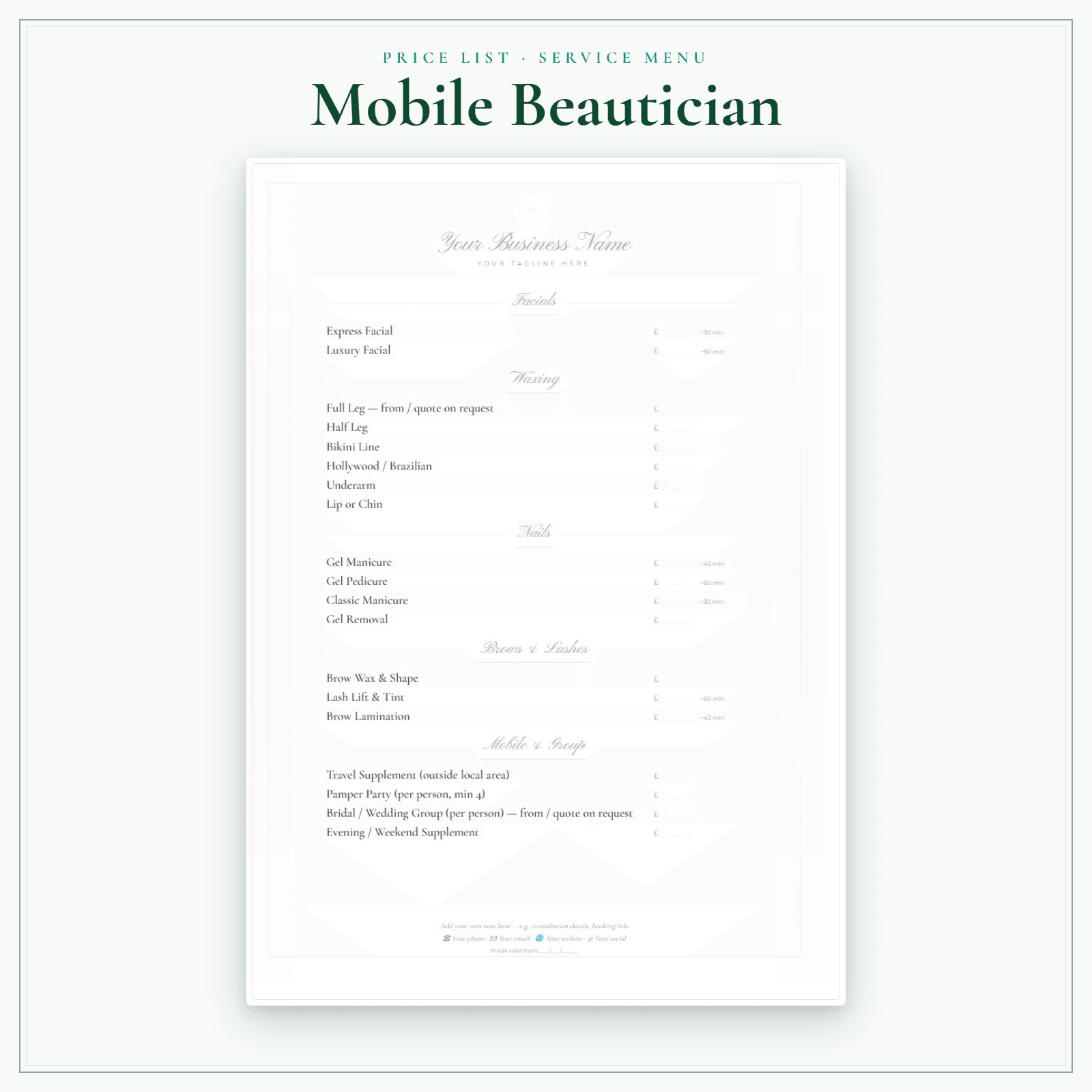 Mobile Beautician — Price List & Service Menu sample pages preview