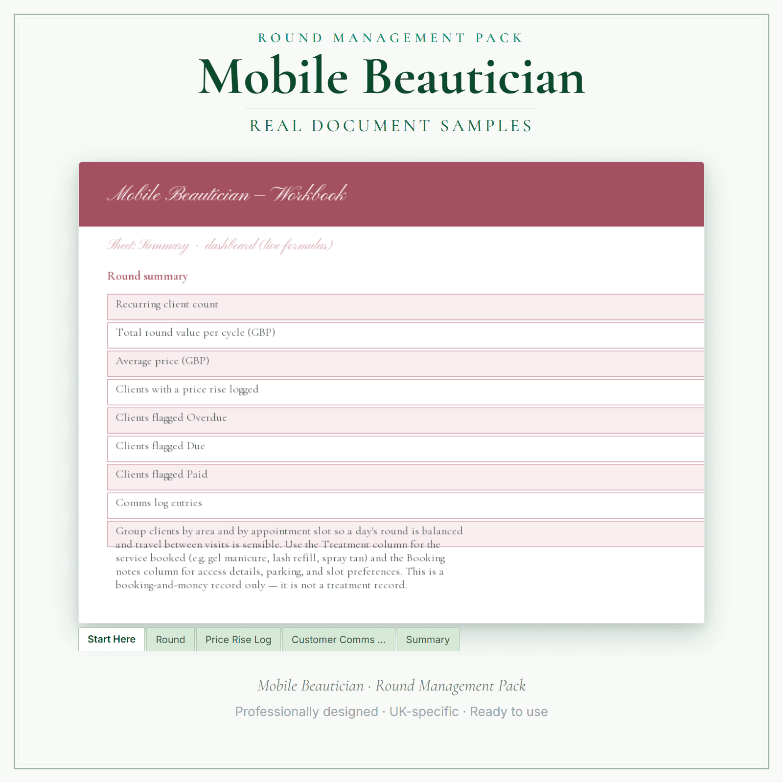 Mobile Beautician — Round Management Pack sample pages preview