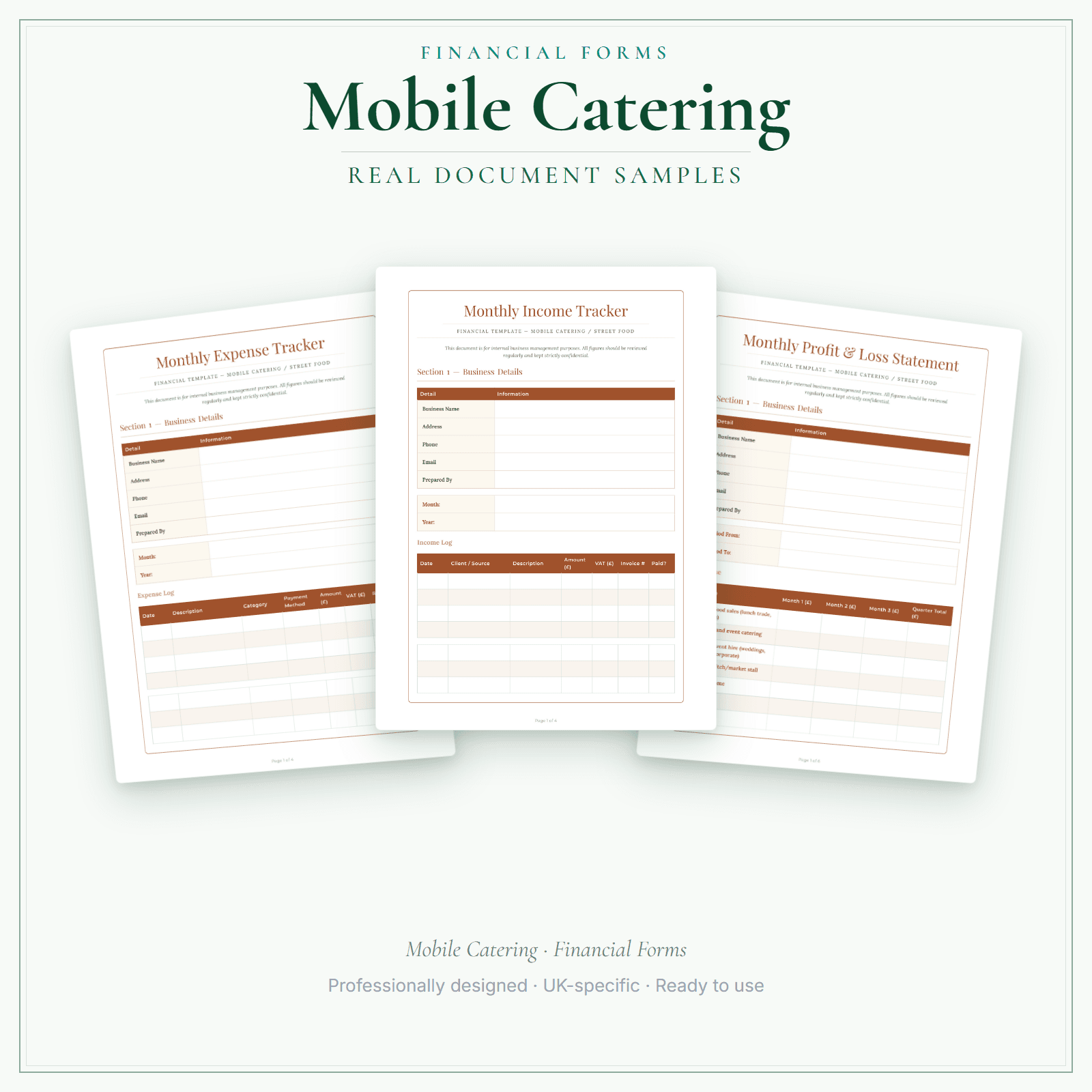 Mobile Catering — Financial Forms Bundle — Premium sample pages preview