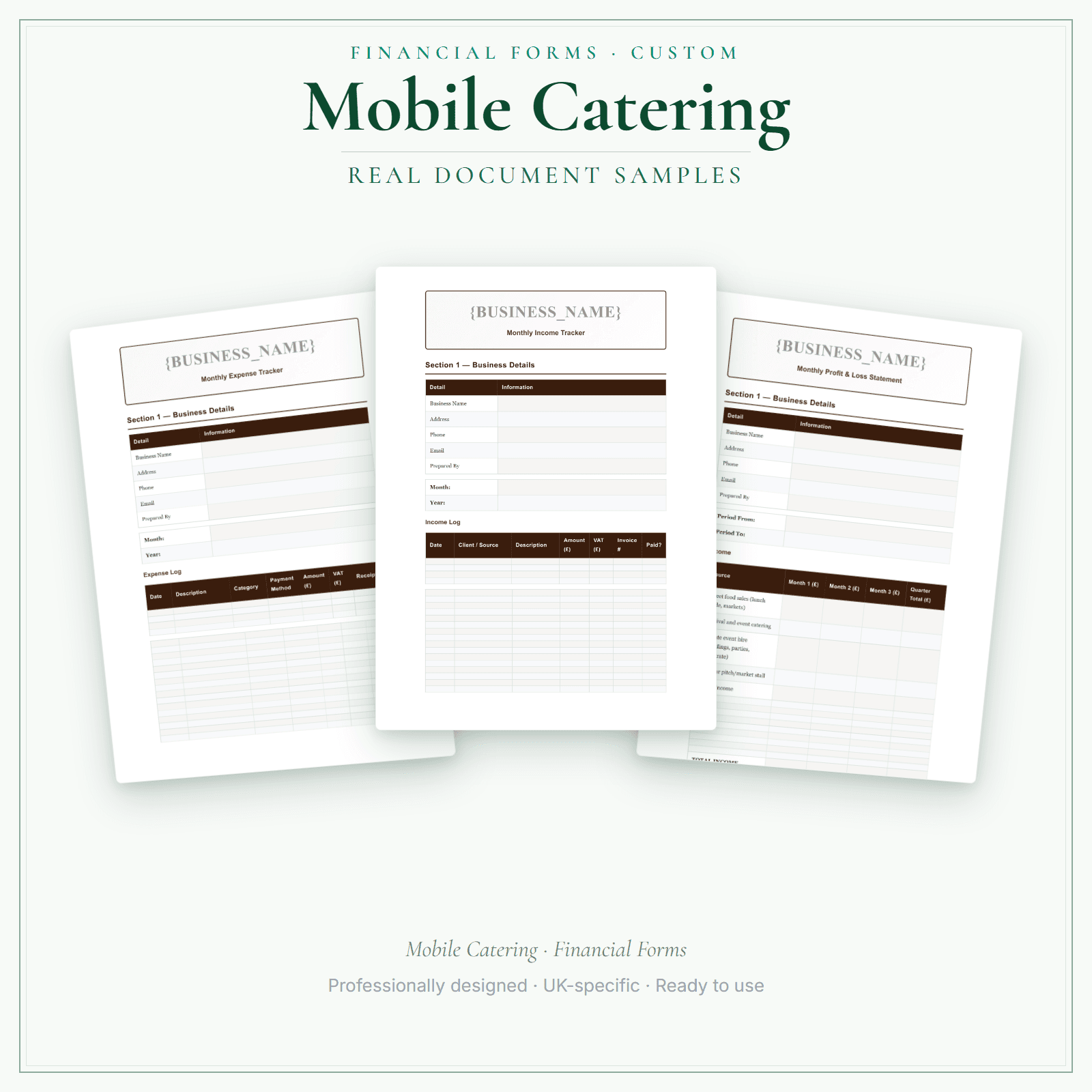 Mobile Catering — Financial Forms Bundle — Customisable sample pages preview