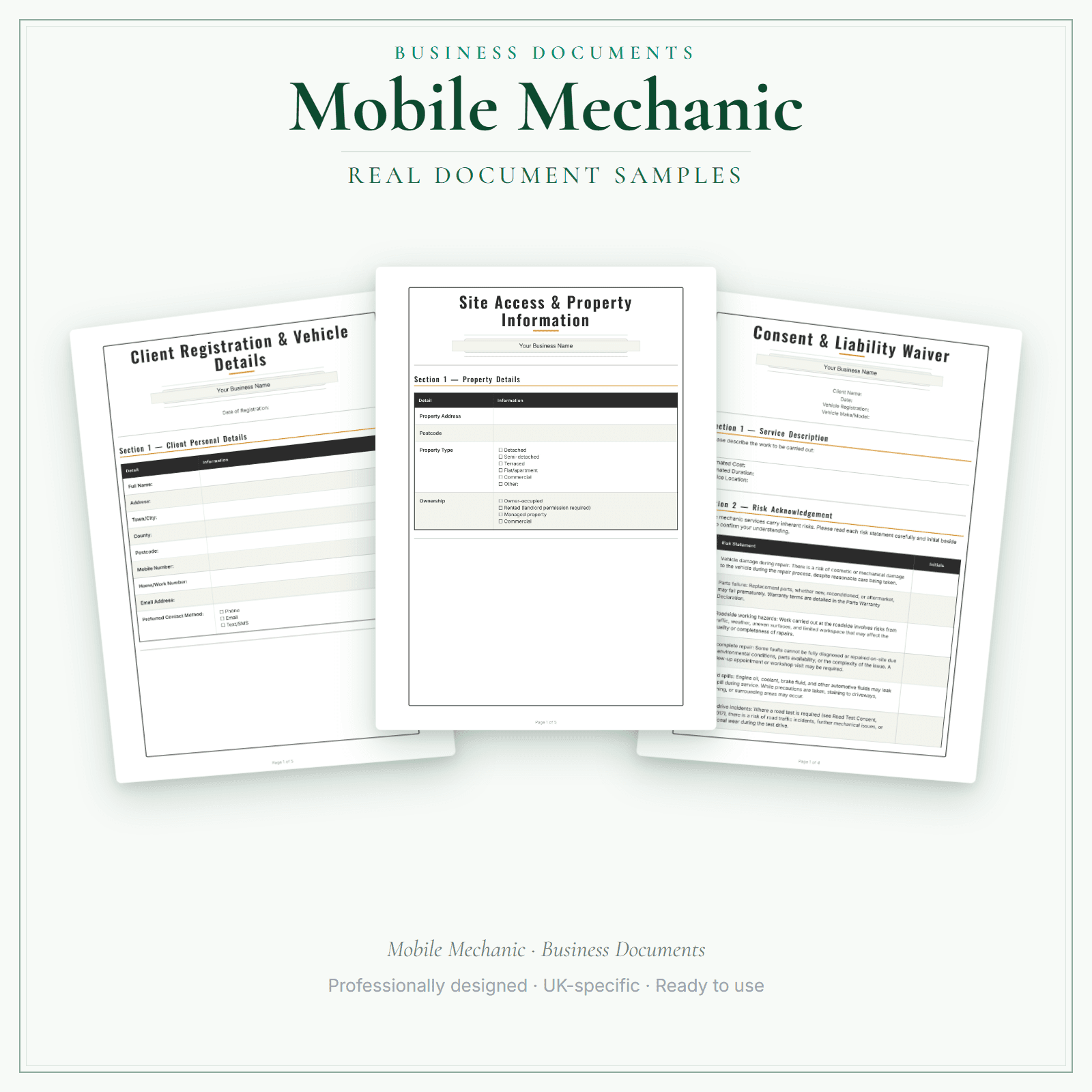 Mobile Mechanic — Business Documents — Premium sample pages preview